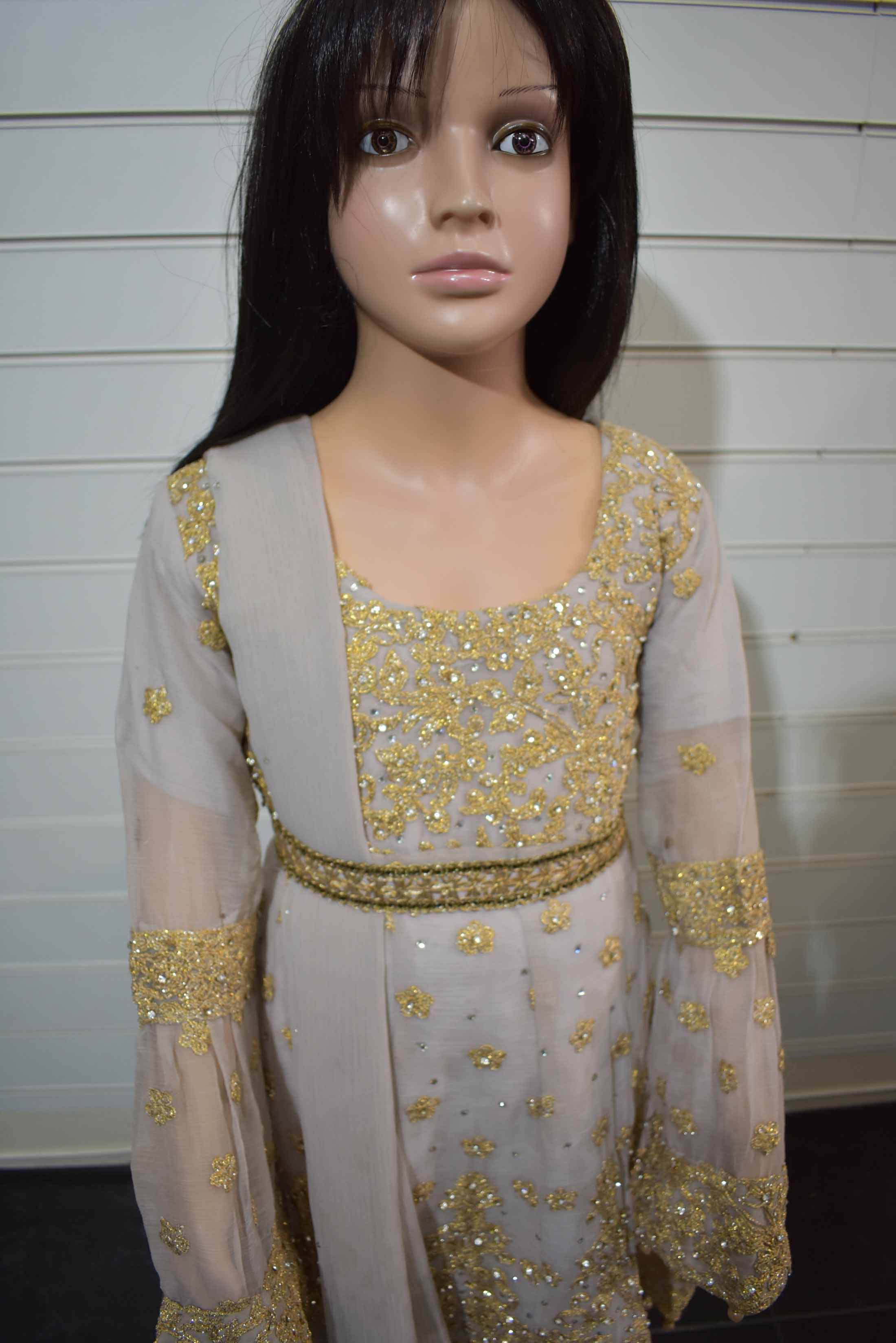 Stunning Designer Heavy Dori Work Dipped Hem 4 Piece Chiffon Kids Wedding Outfit - Desi Posh