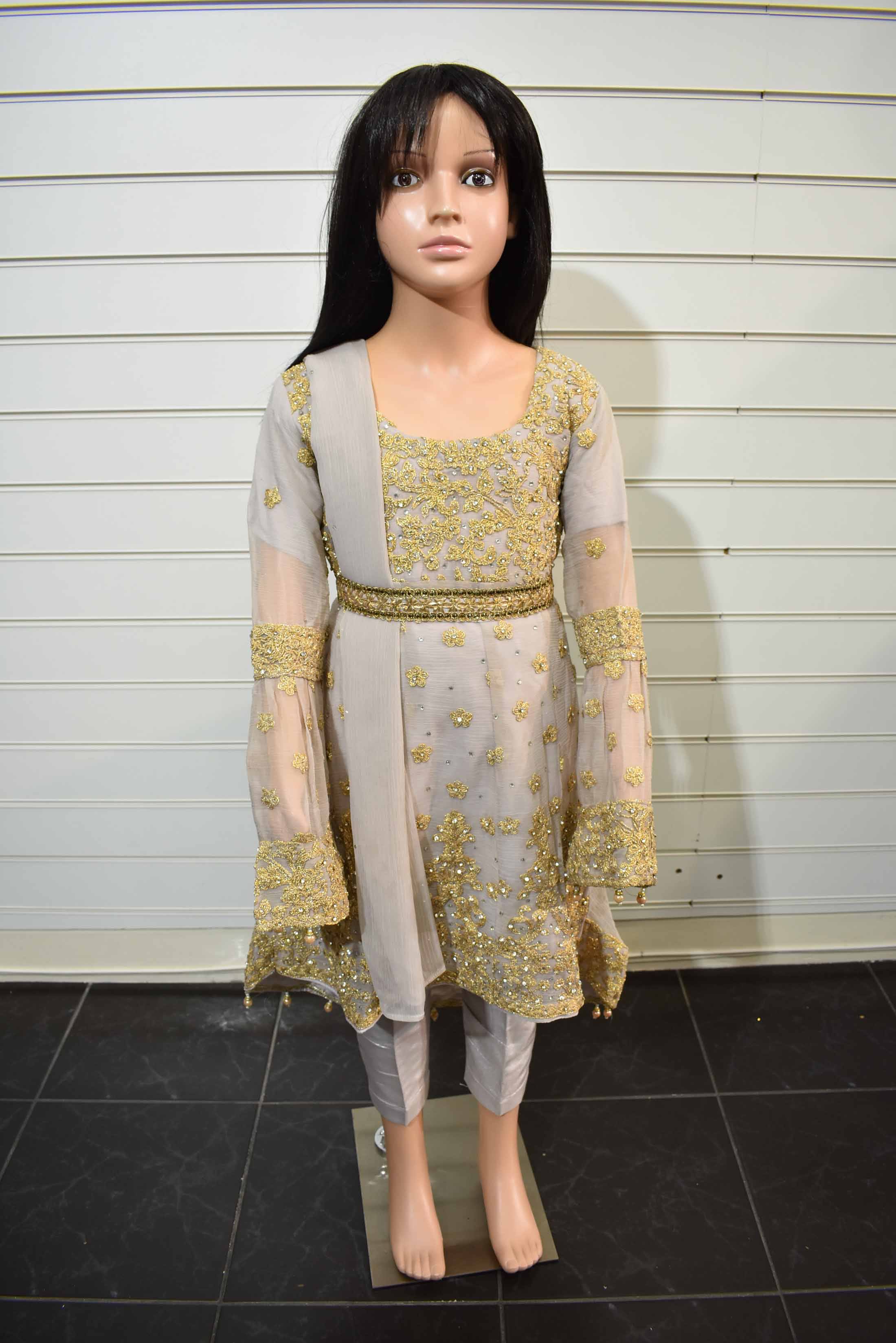 Stunning Designer Heavy Dori Work Dipped Hem 4 Piece Chiffon Kids Wedding Outfit - Desi Posh