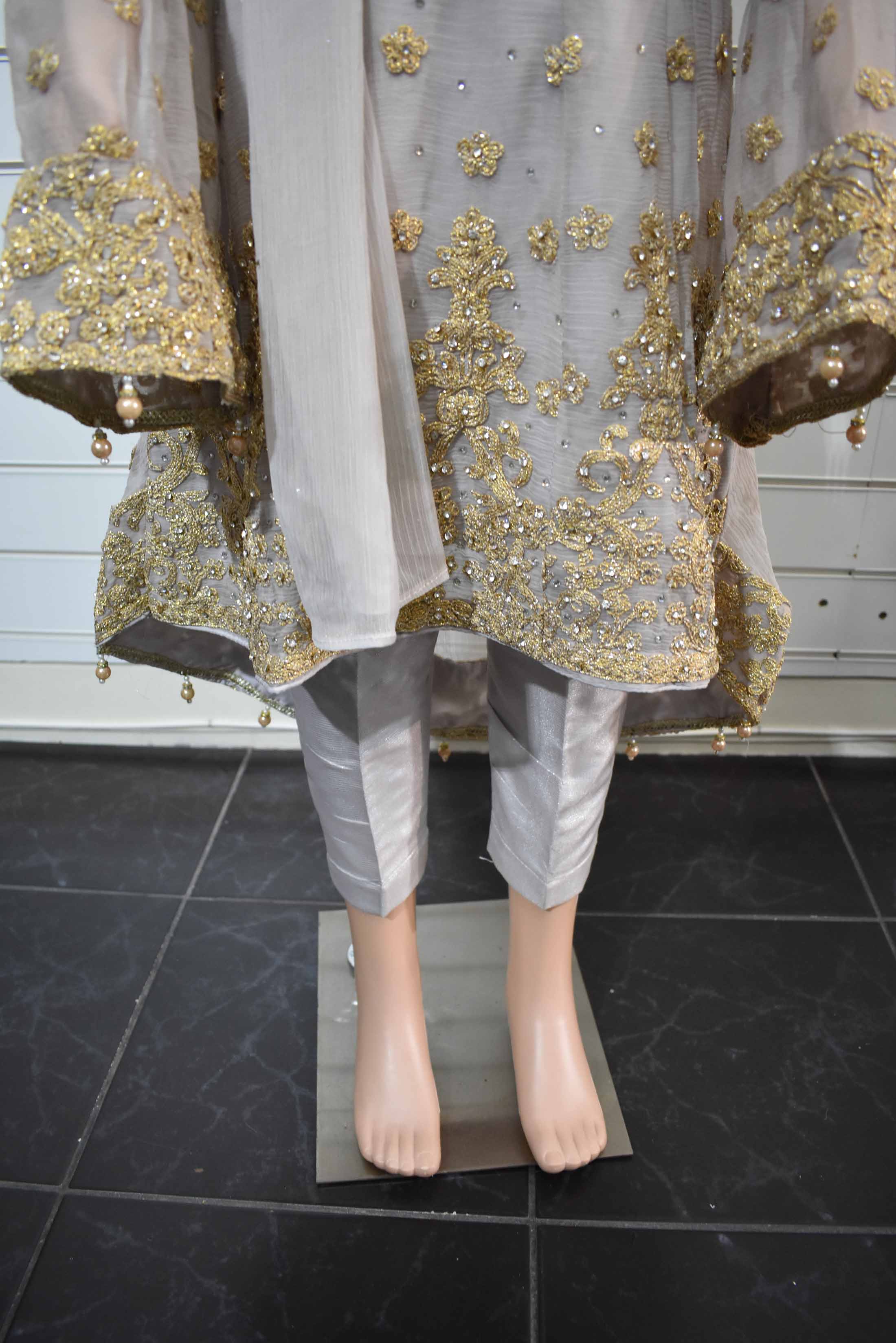 Stunning Designer Heavy Dori Work Dipped Hem 4 Piece Chiffon Kids Wedding Outfit - Desi Posh