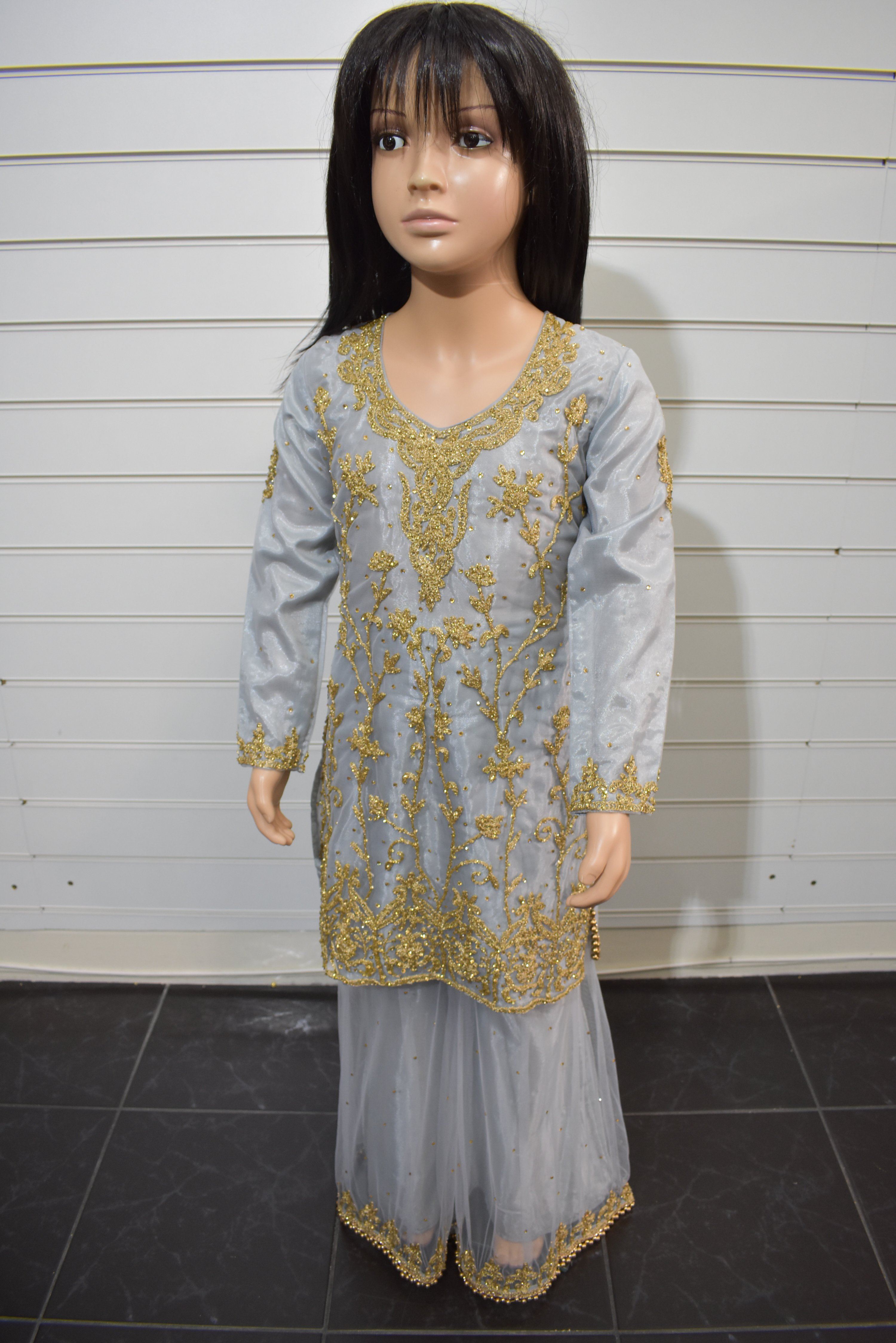 Stunning Dori and Stone Work Kids 3 Piece Wedding Sharara Outfit Grey - Desi Posh