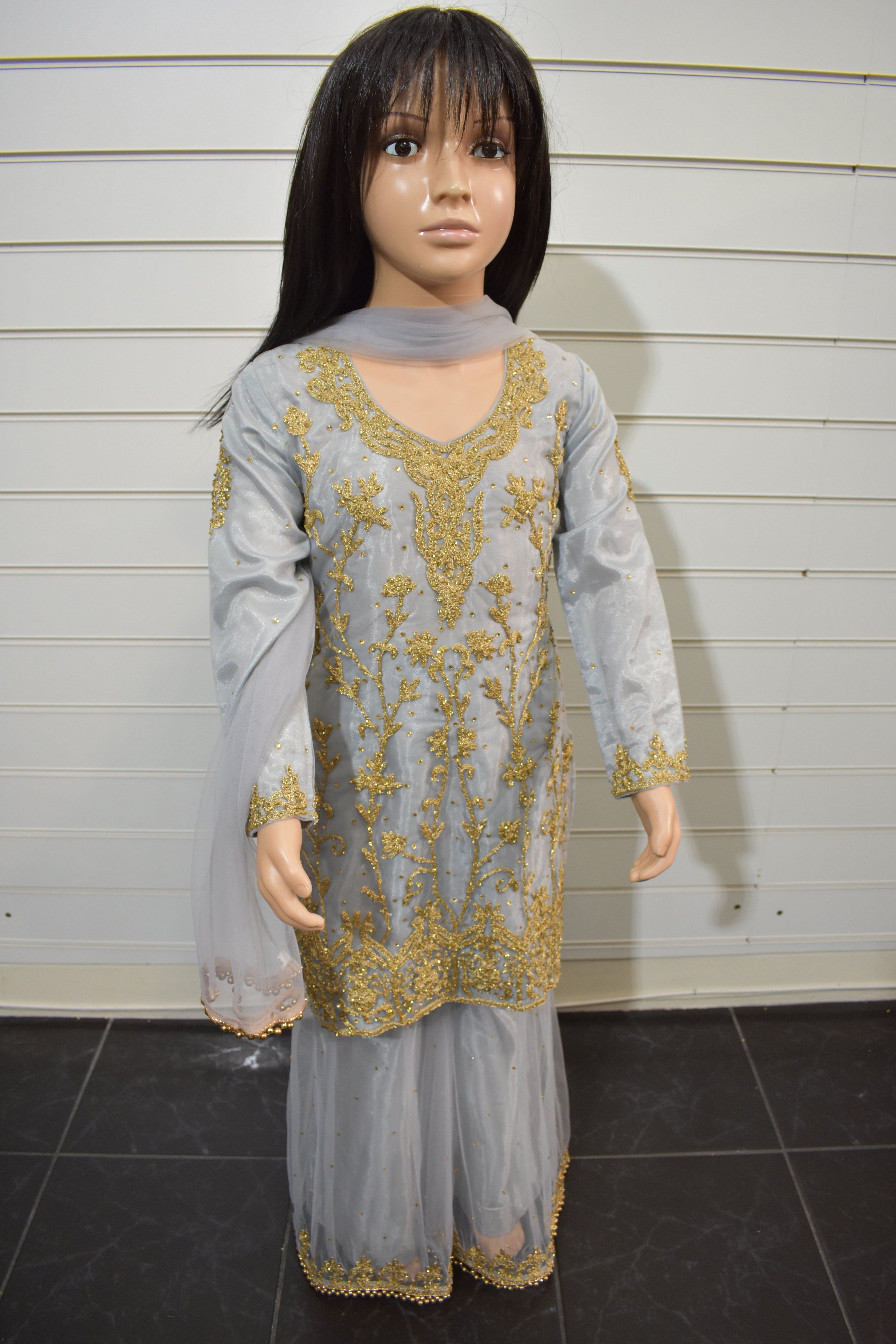 Stunning Dori and Stone Work Kids 3 Piece Wedding Sharara Outfit Grey - Desi Posh