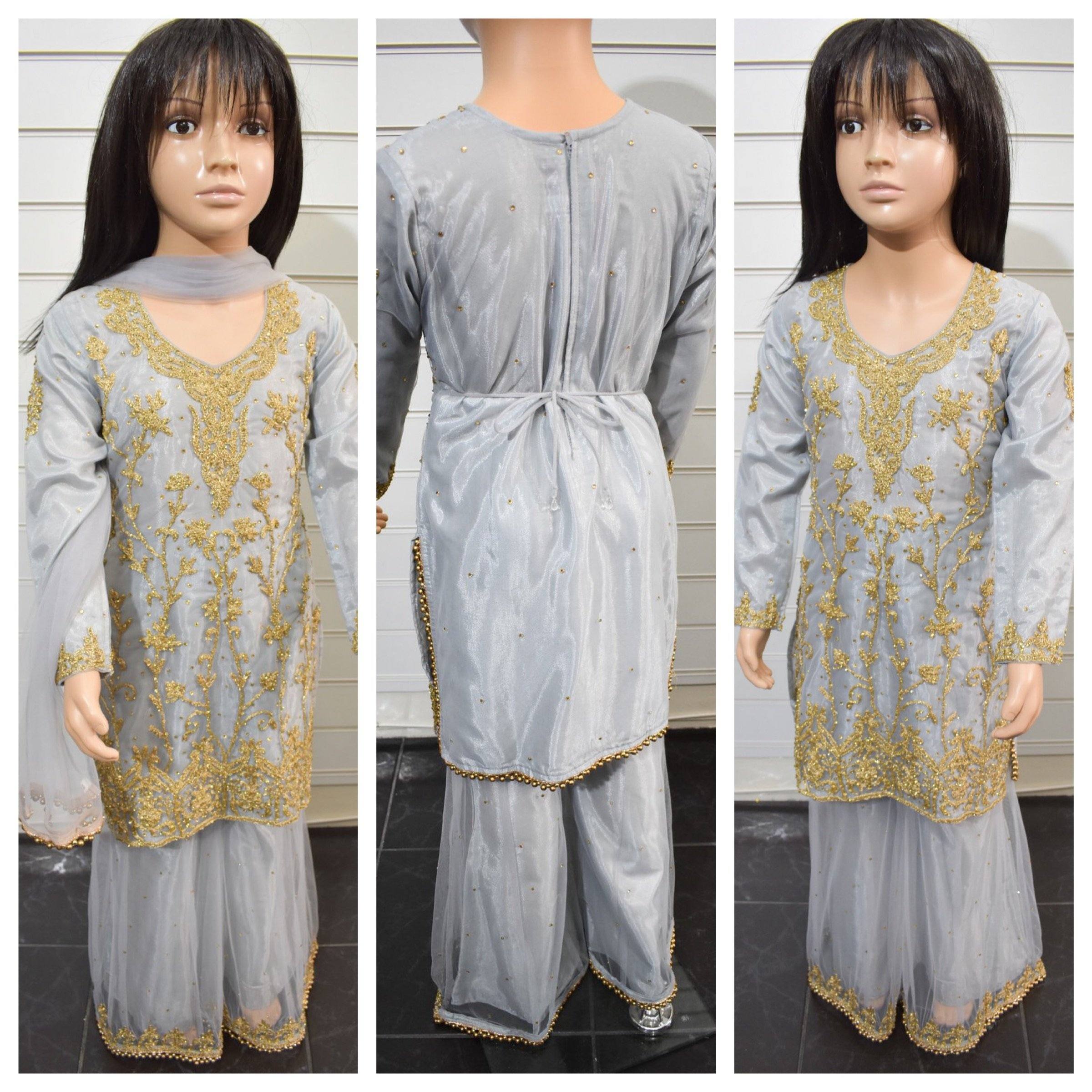 Stunning Dori and Stone Work Kids 3 Piece Wedding Sharara Outfit Grey - Desi Posh