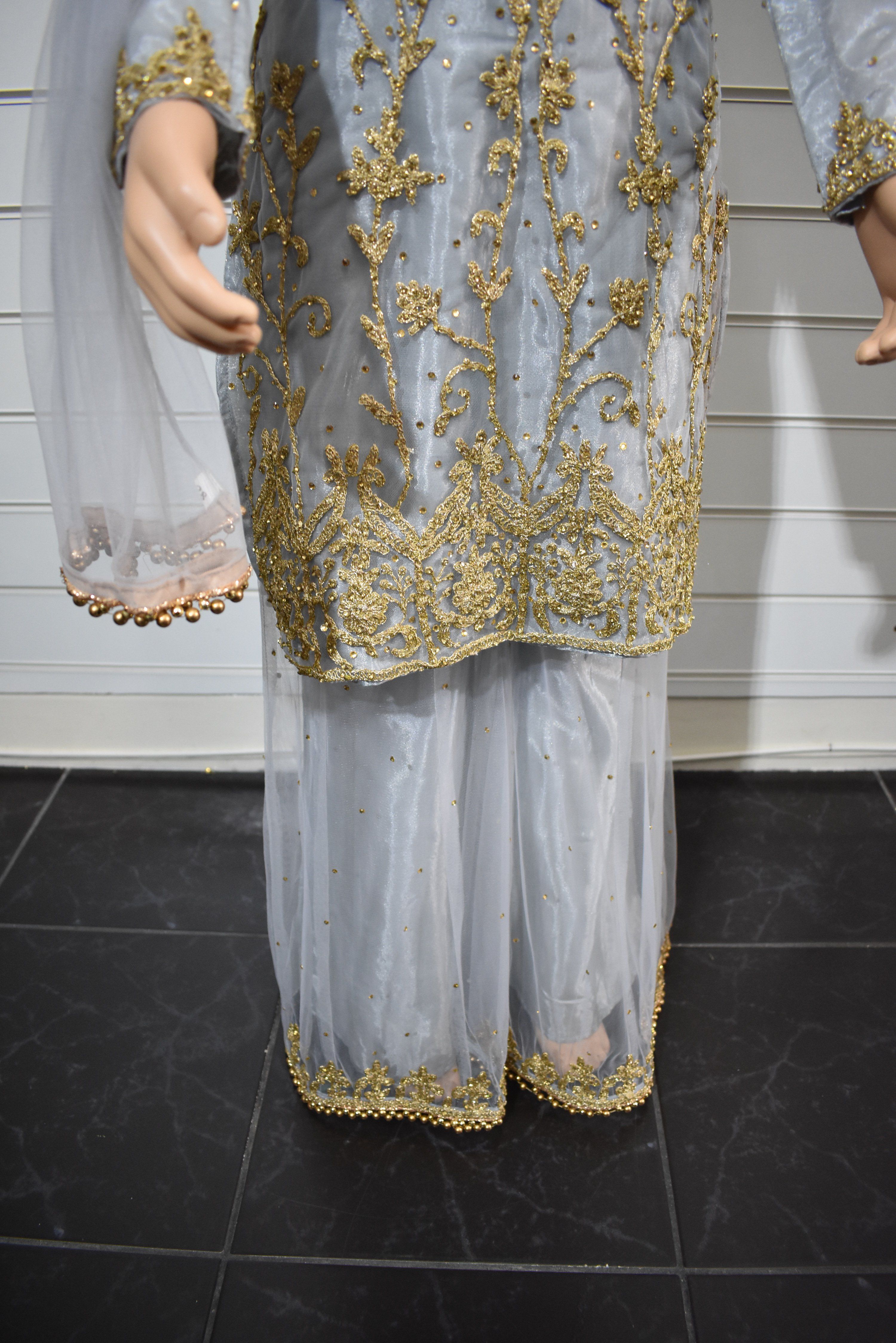 Stunning Dori and Stone Work Kids 3 Piece Wedding Sharara Outfit Grey - Desi Posh