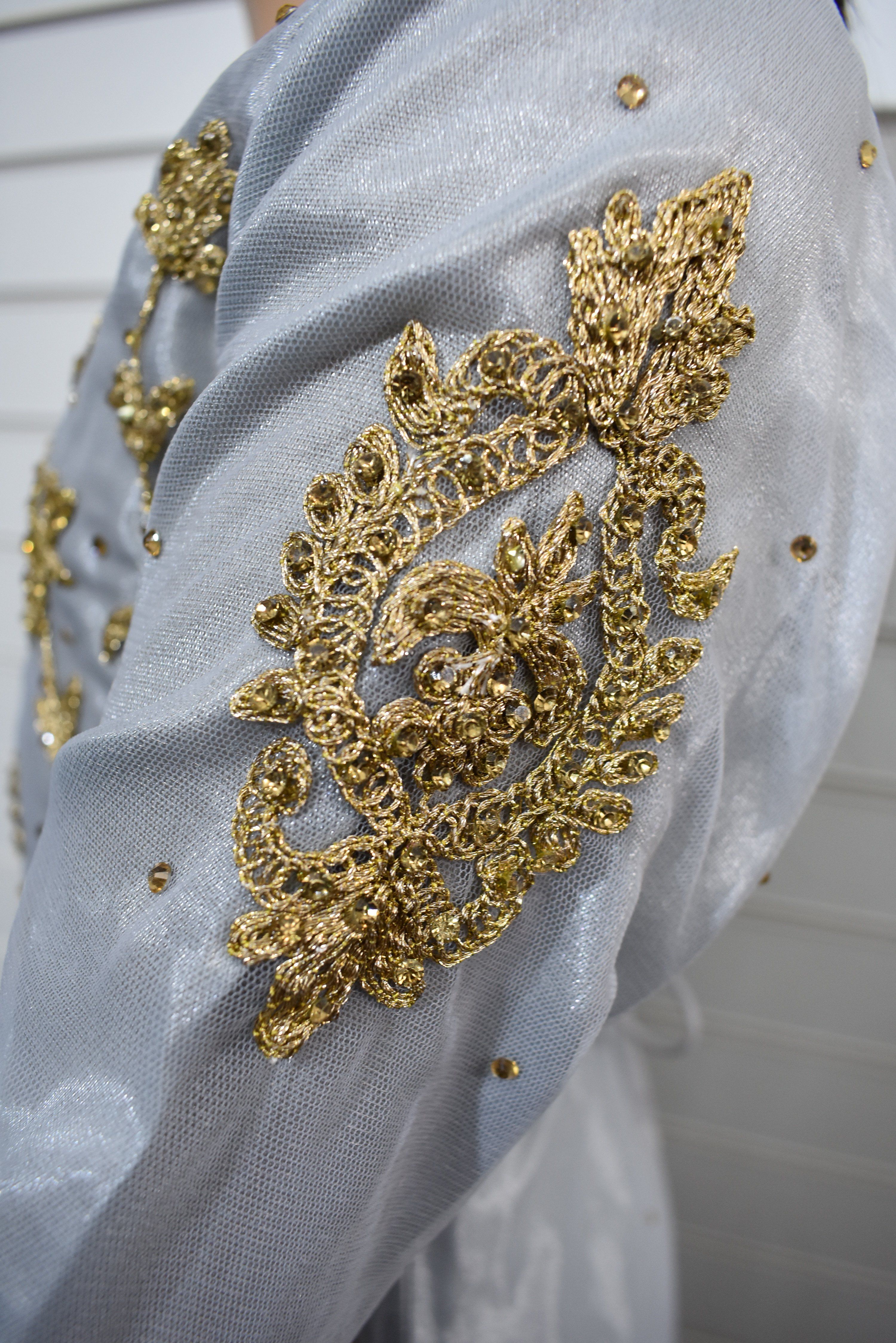 Stunning Dori and Stone Work Kids 3 Piece Wedding Sharara Outfit Grey - Desi Posh