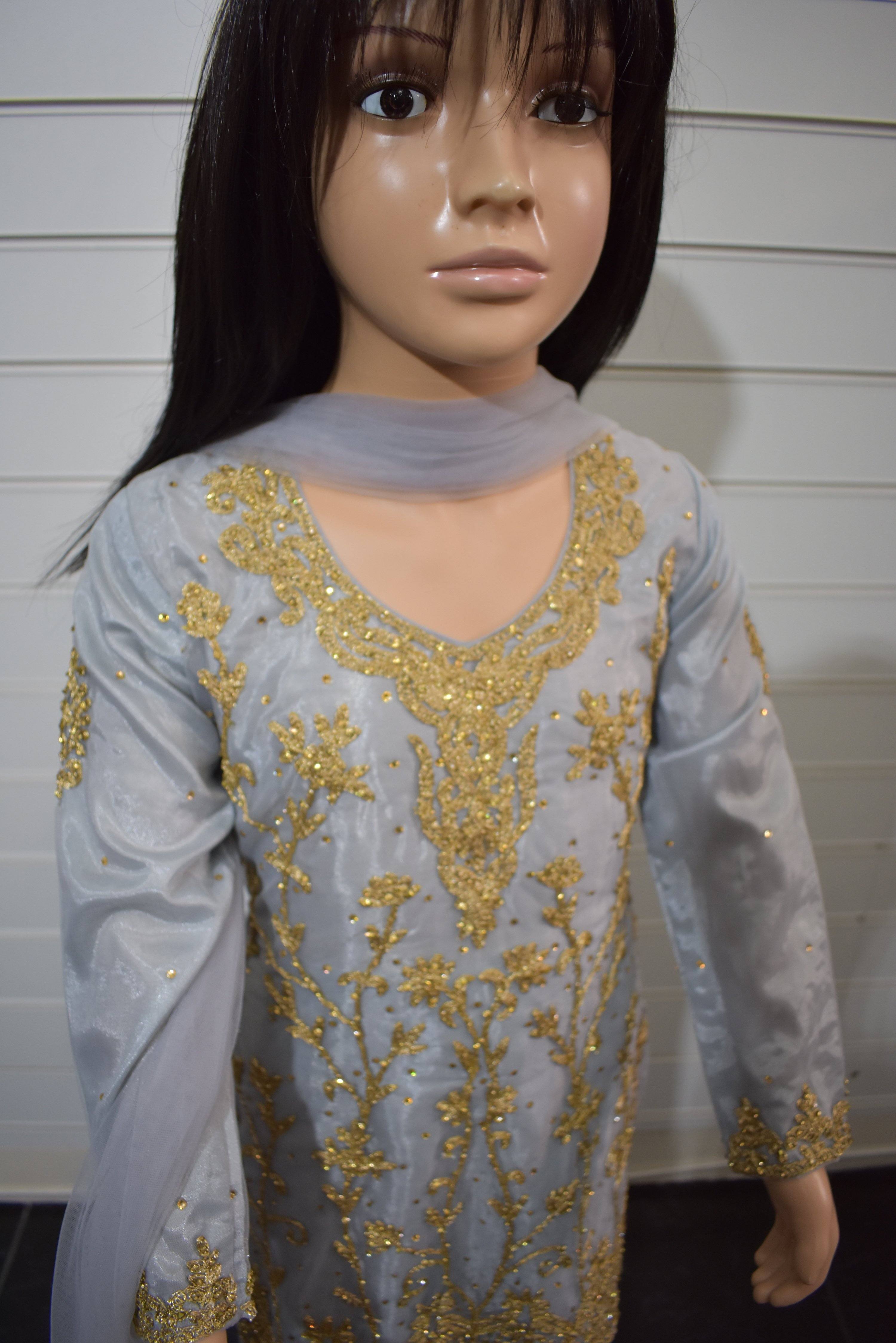 Stunning Dori and Stone Work Kids 3 Piece Wedding Sharara Outfit Grey - Desi Posh