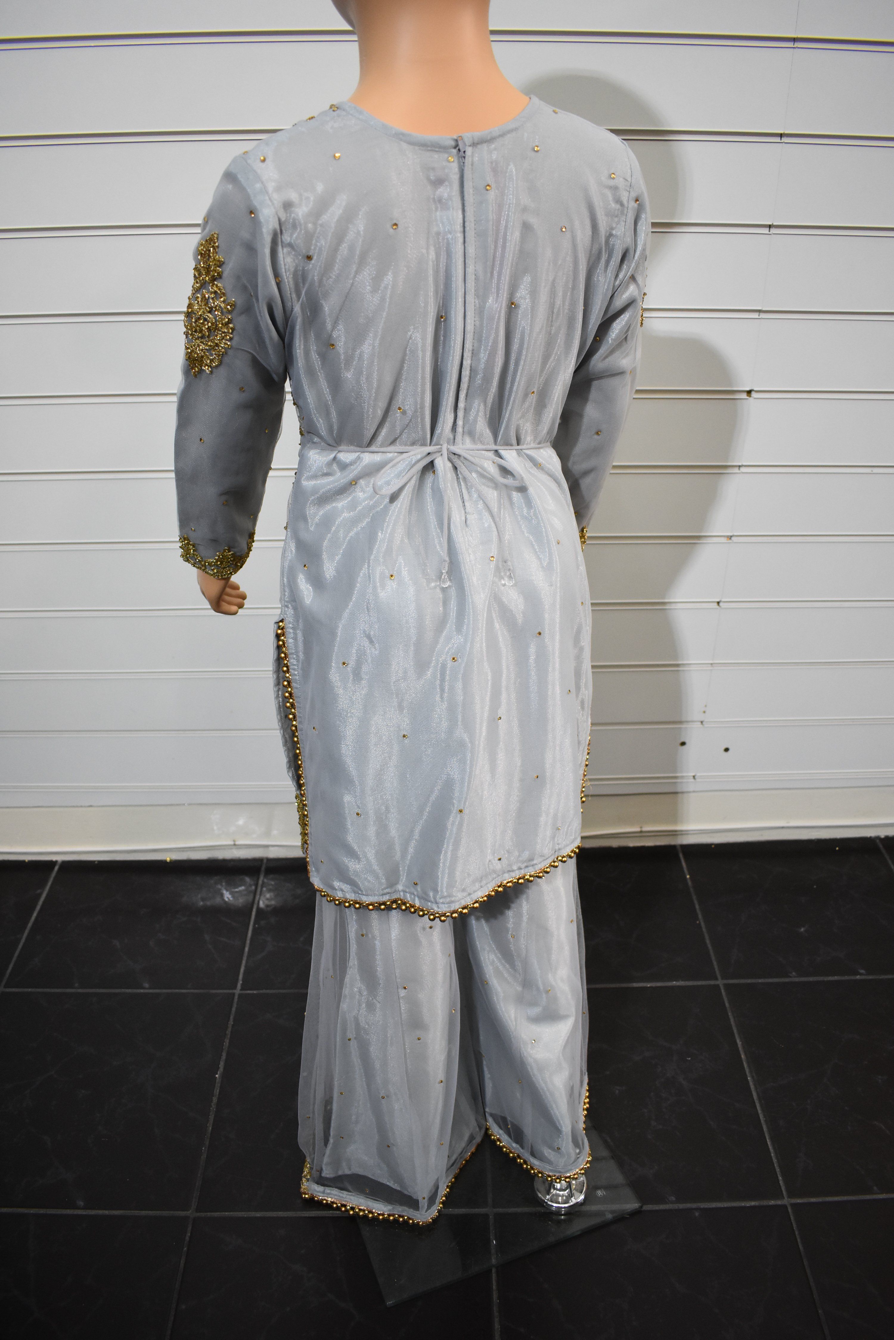 Stunning Dori and Stone Work Kids 3 Piece Wedding Sharara Outfit Grey - Desi Posh