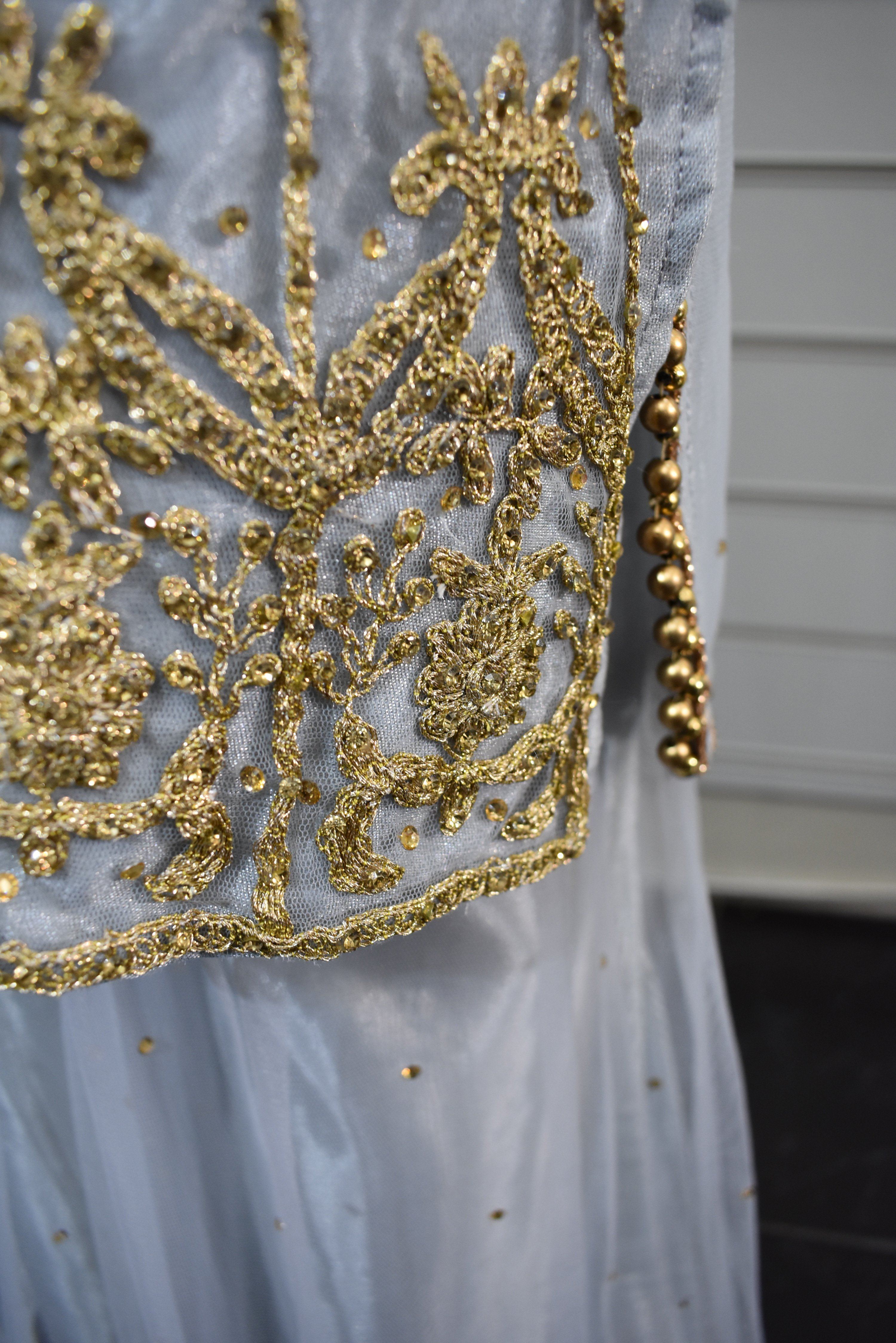 Stunning Dori and Stone Work Kids 3 Piece Wedding Sharara Outfit Grey - Desi Posh