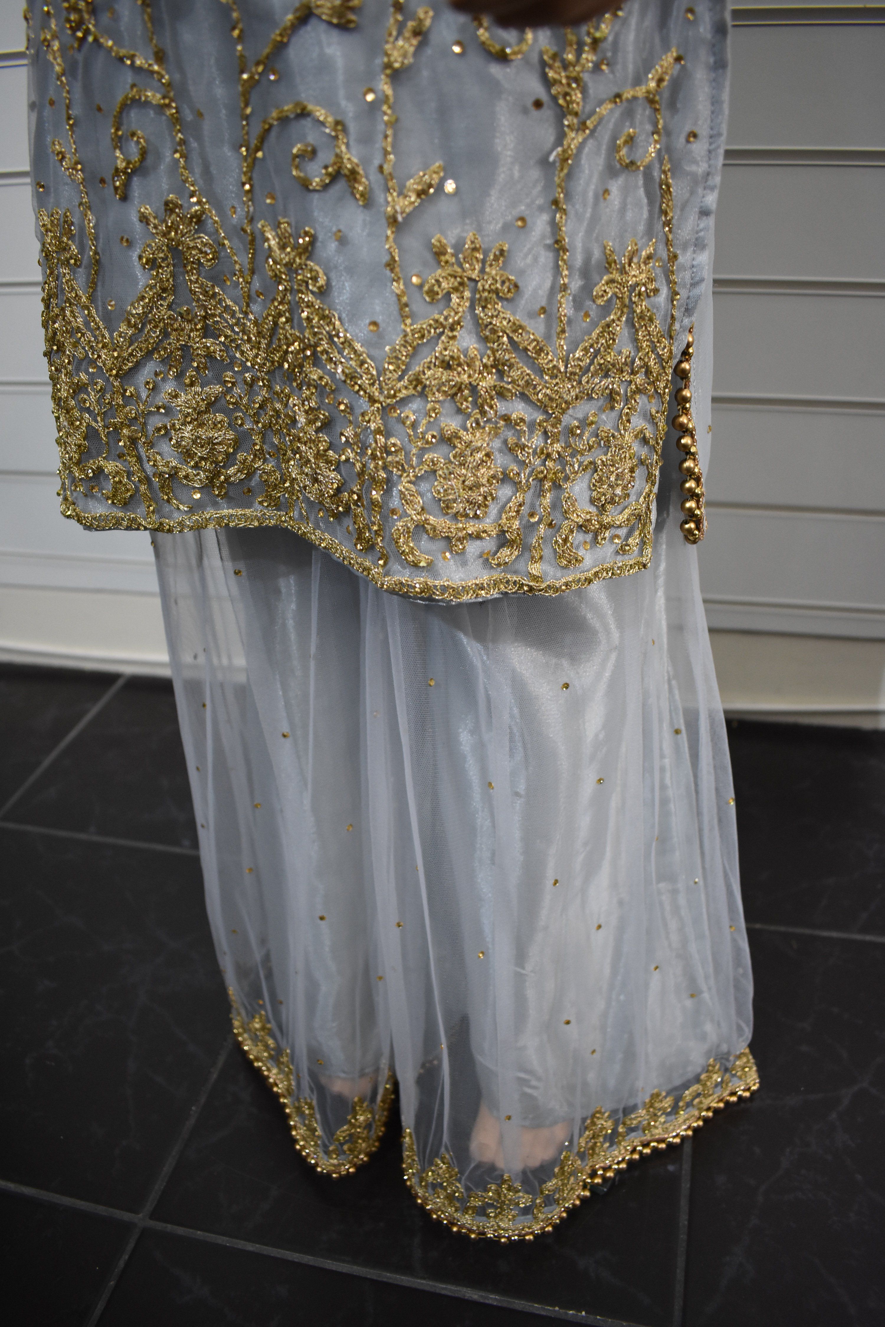 Stunning Dori and Stone Work Kids 3 Piece Wedding Sharara Outfit Grey - Desi Posh