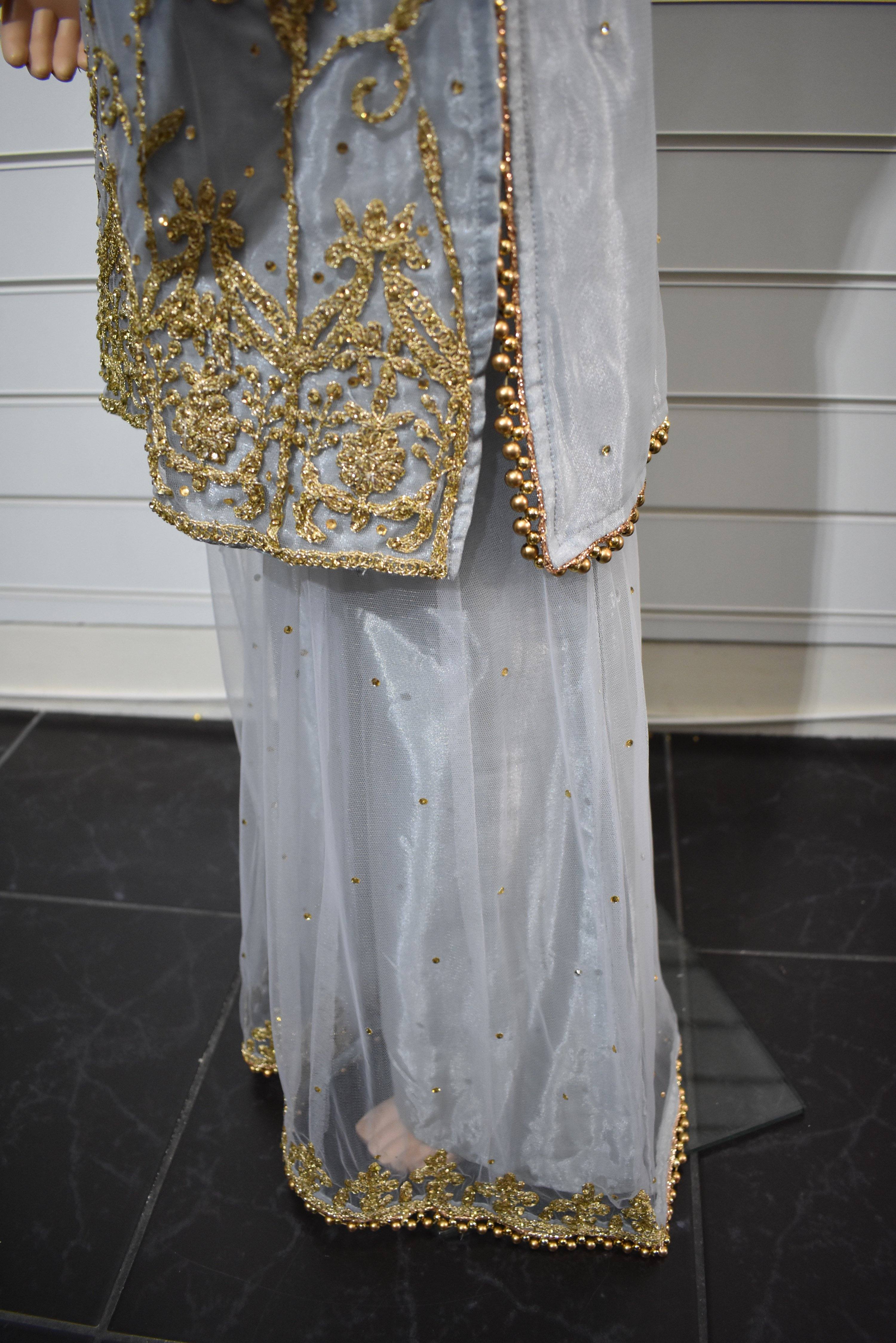Stunning Dori and Stone Work Kids 3 Piece Wedding Sharara Outfit Grey - Desi Posh