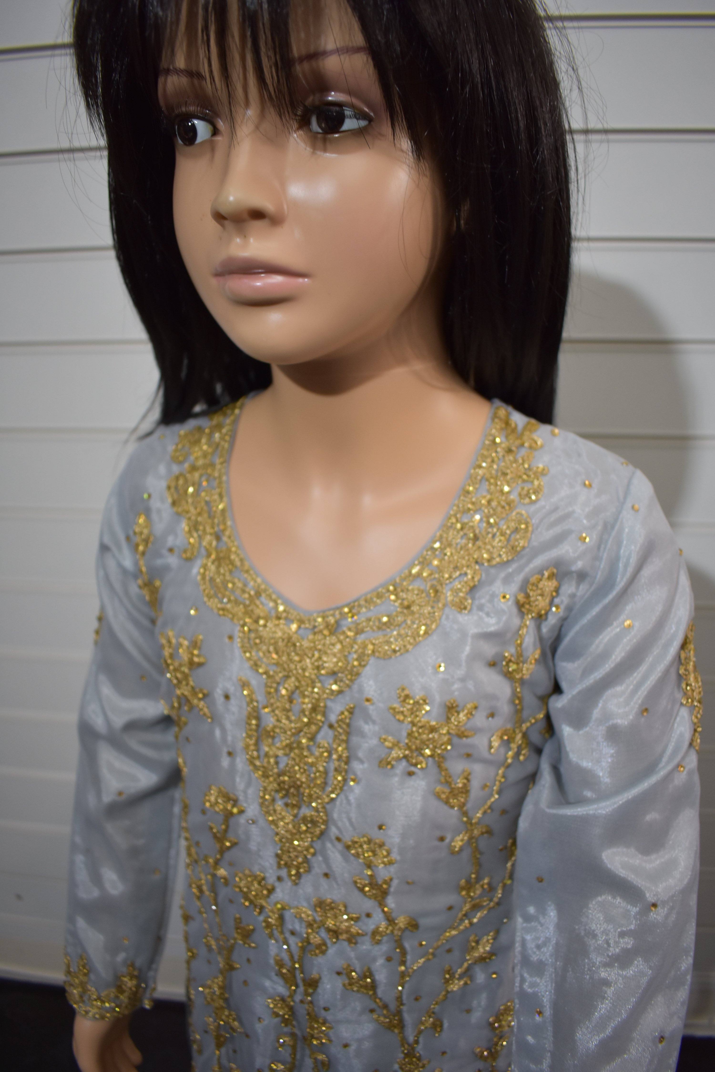 Stunning Dori and Stone Work Kids 3 Piece Wedding Sharara Outfit Grey - Desi Posh