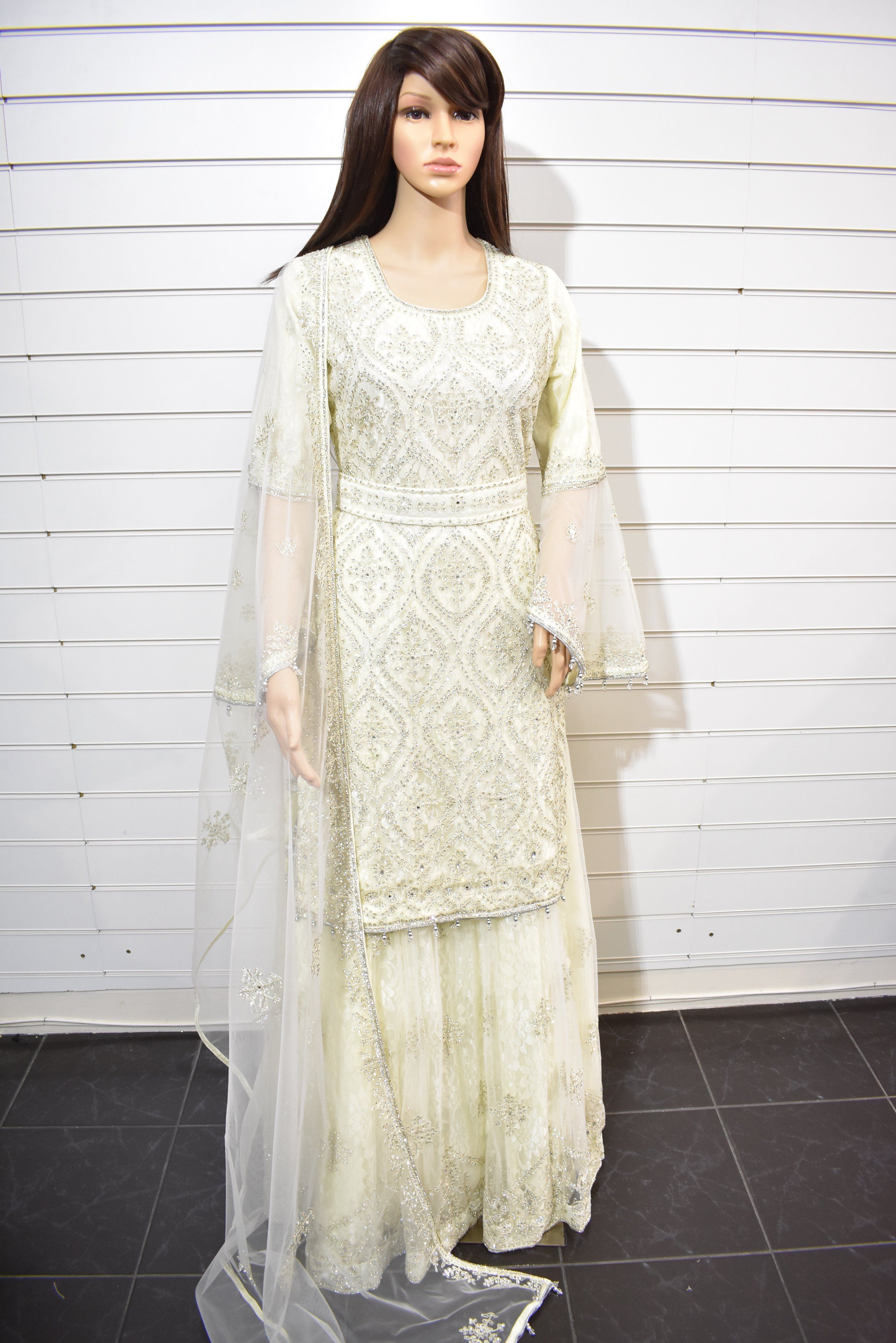 Stunning Heavy Stone Work Wedding Lengha Outfit Cream - Desi Posh