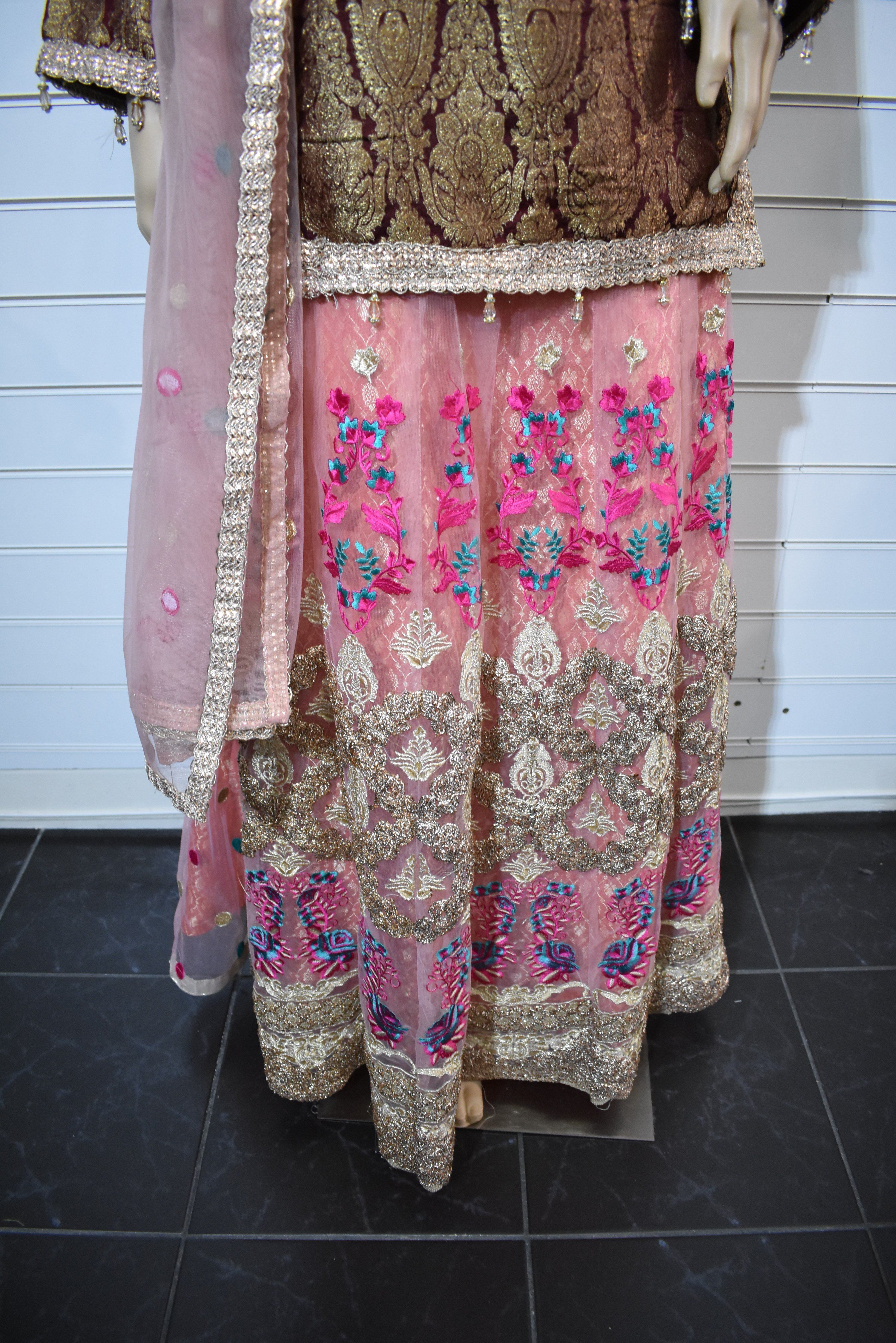 Stunning Maroon and Pink Embroidered Lengha Outfit - Desi Posh
