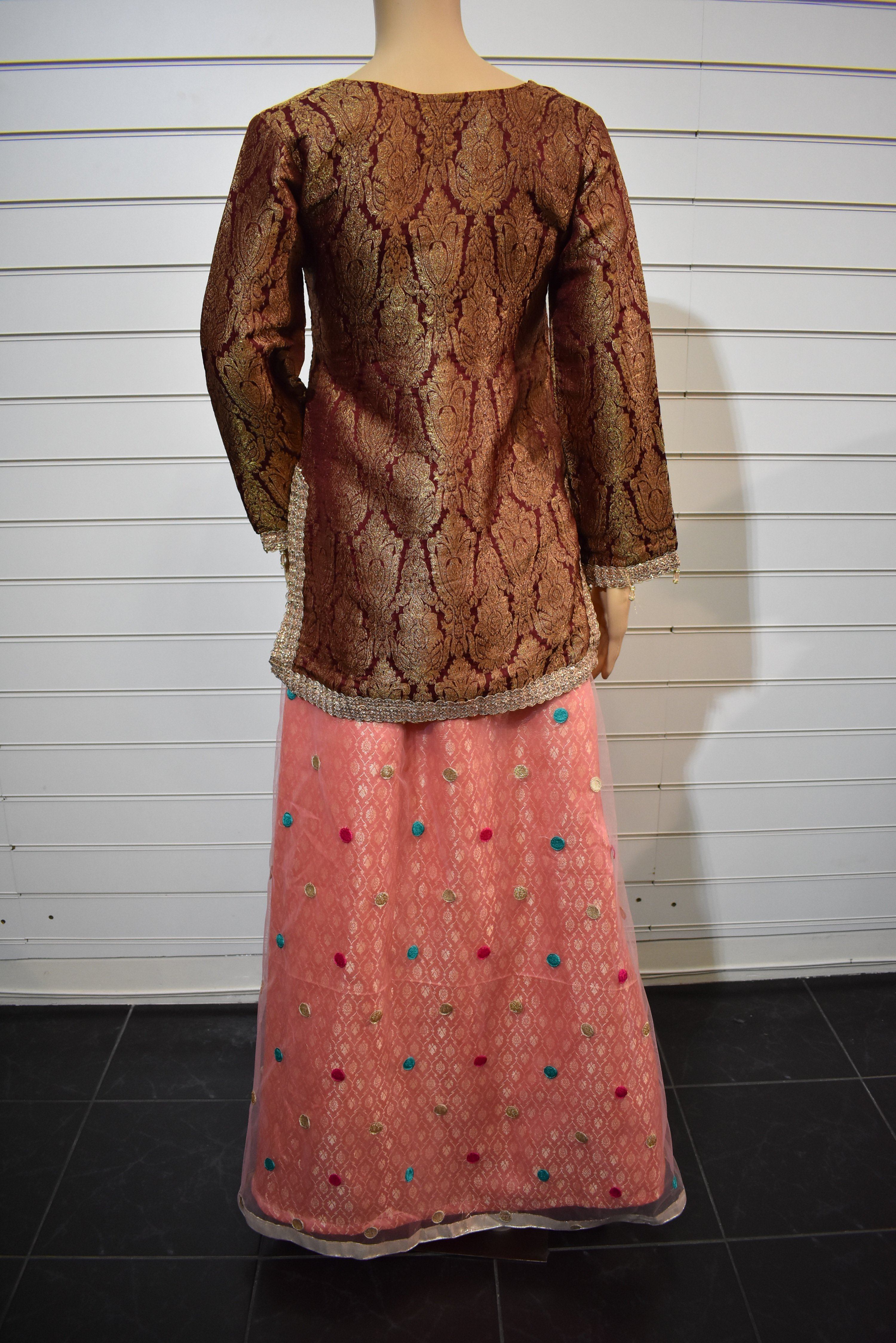 Stunning Maroon and Pink Embroidered Lengha Outfit - Desi Posh