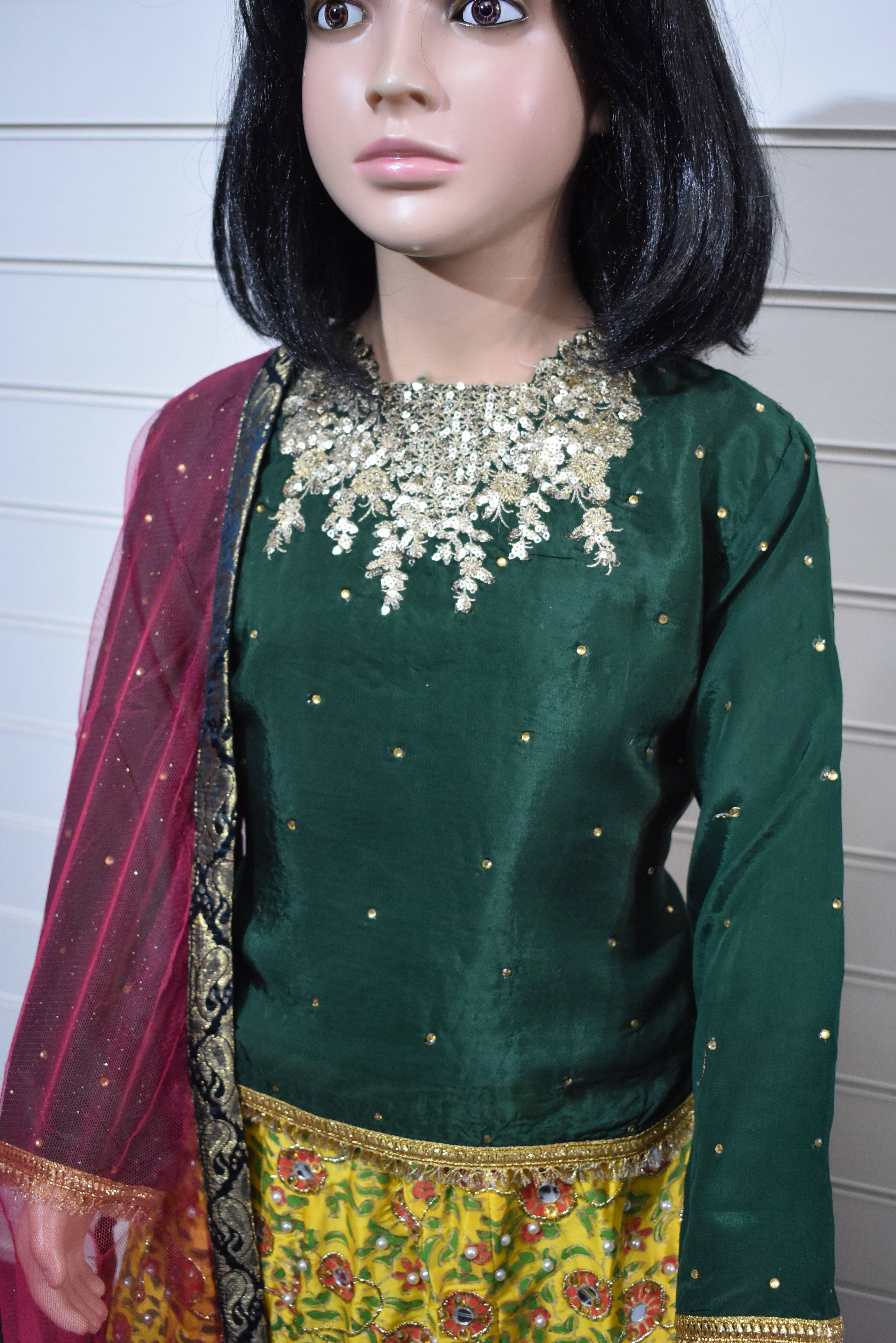 Stunning Raw Silk Kids Mirror and Pearl Work Embroidered Lengha Mehndi Outfit Green/Yellow - Desi Posh
