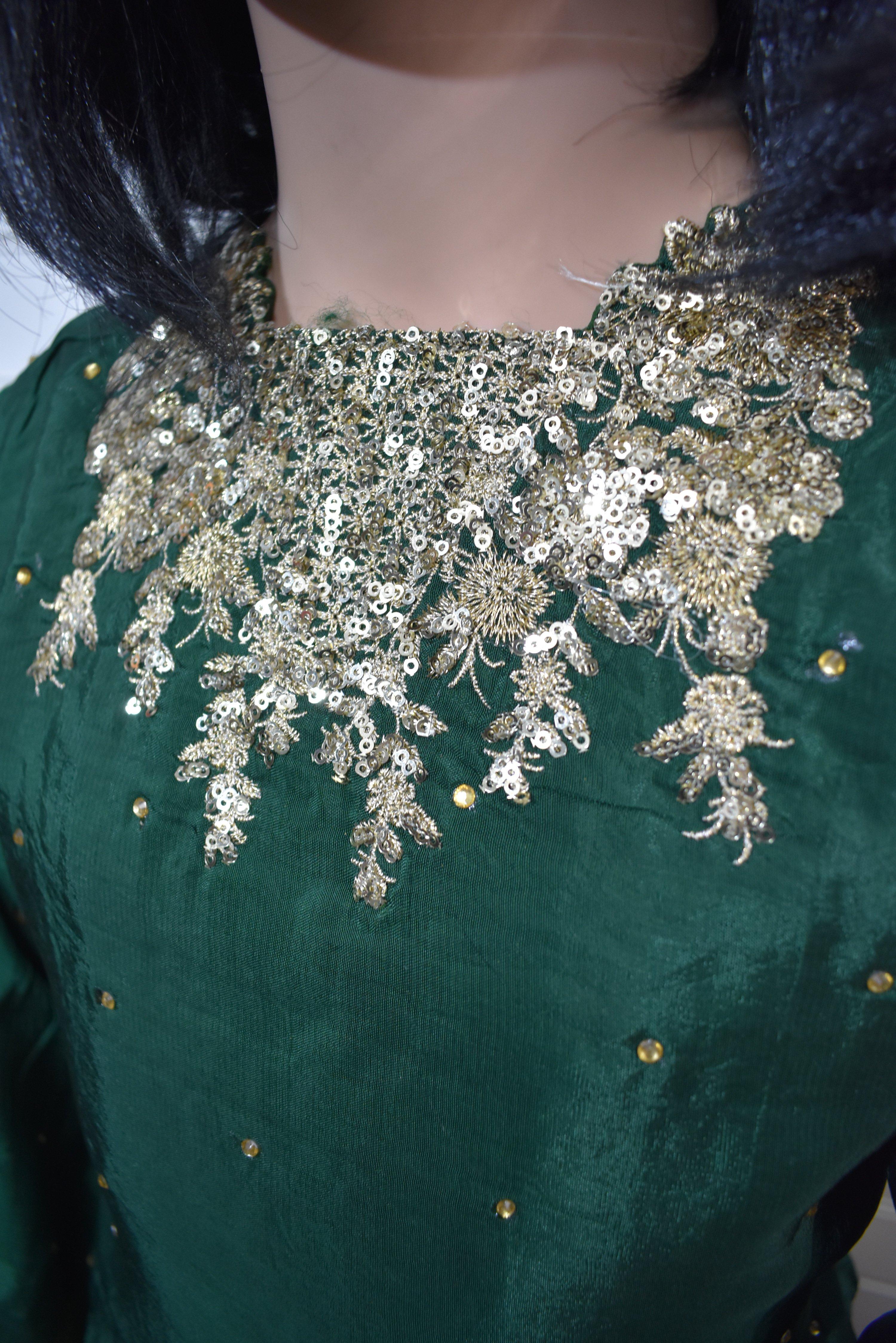 Stunning Raw Silk Kids Mirror and Pearl Work Embroidered Lengha Mehndi Outfit Green/Yellow - Desi Posh