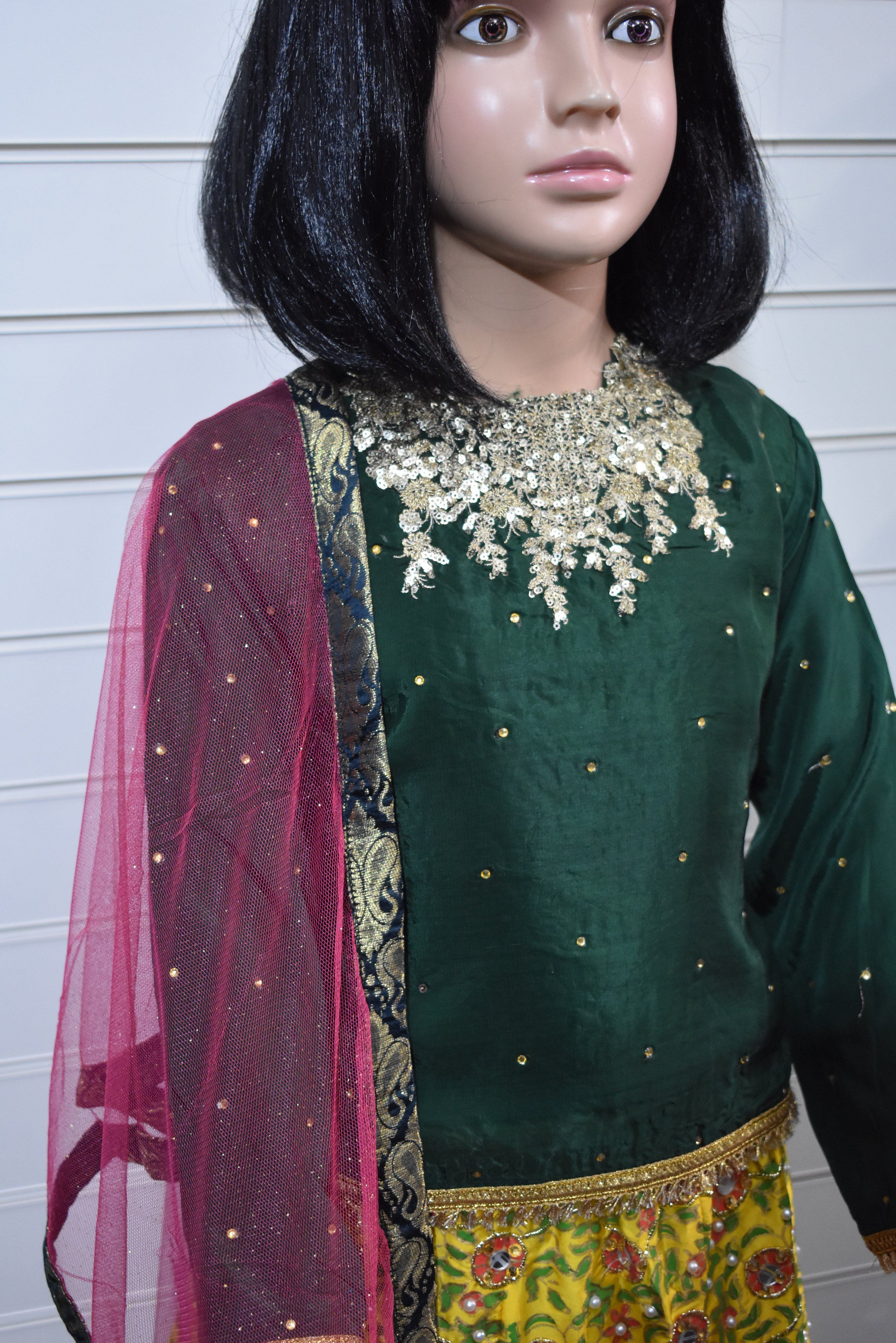 Stunning Raw Silk Kids Mirror and Pearl Work Embroidered Lengha Mehndi Outfit Green/Yellow - Desi Posh