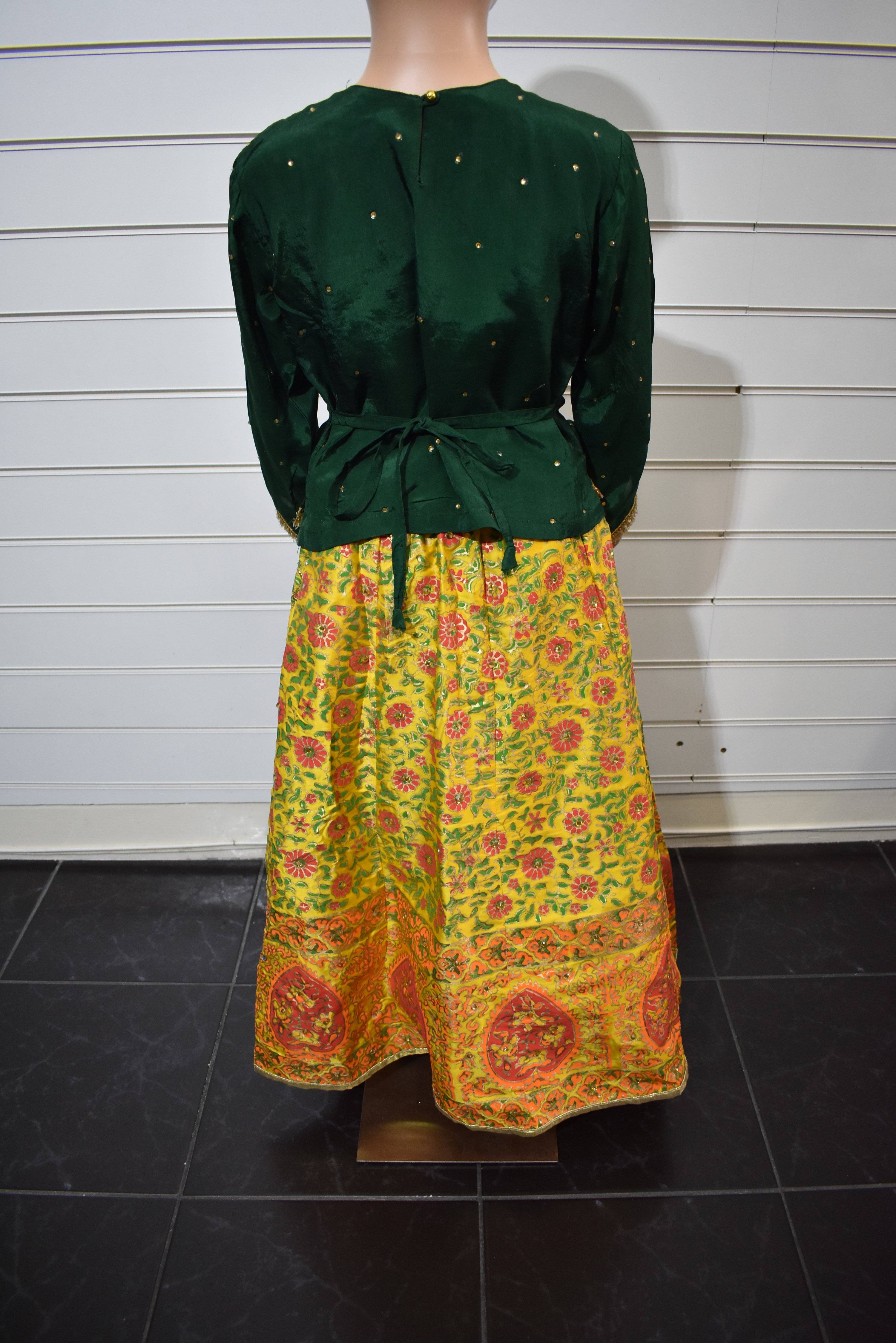 Stunning Raw Silk Kids Mirror and Pearl Work Embroidered Lengha Mehndi Outfit Green/Yellow - Desi Posh