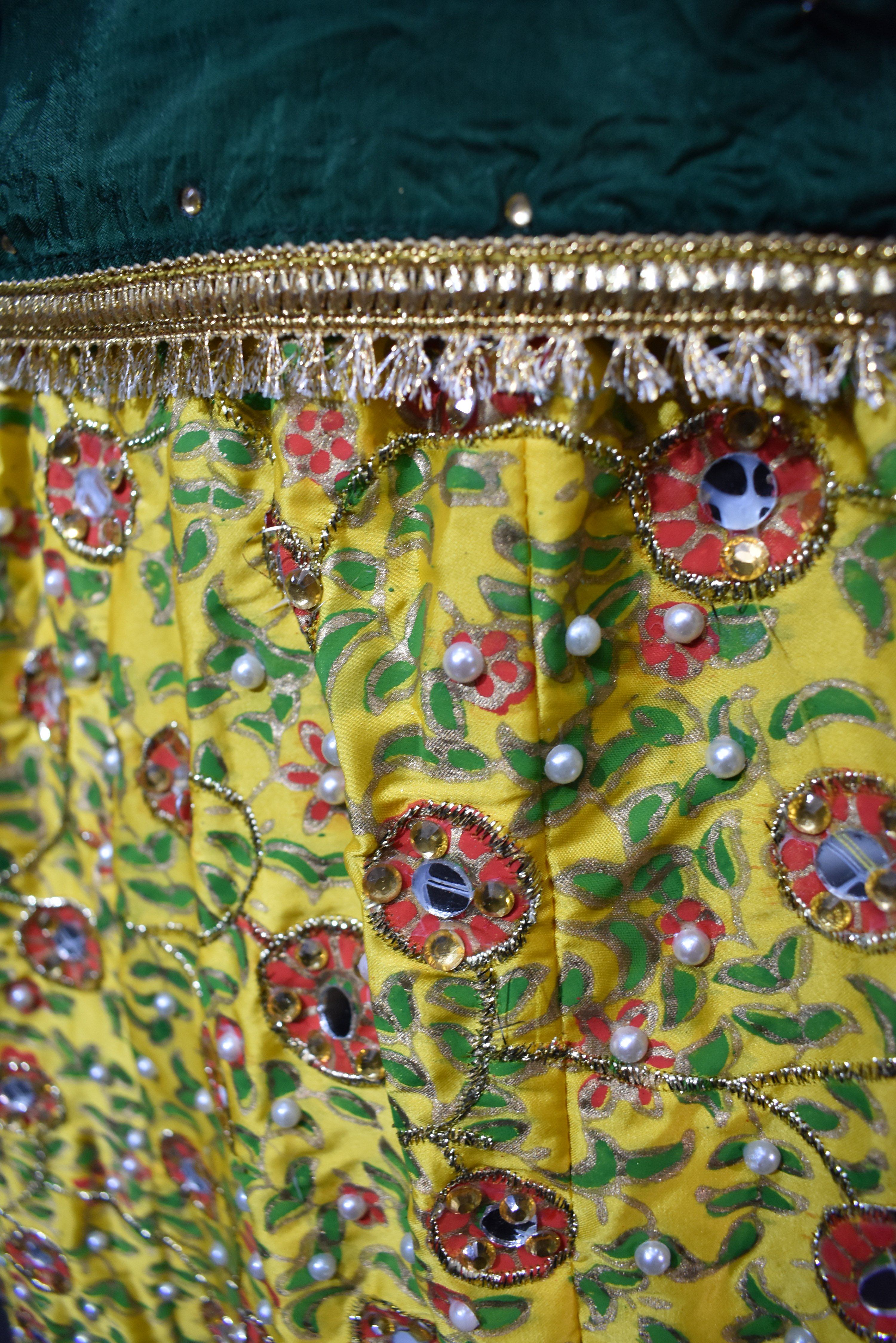 Stunning Raw Silk Kids Mirror and Pearl Work Embroidered Lengha Mehndi Outfit Green/Yellow - Desi Posh