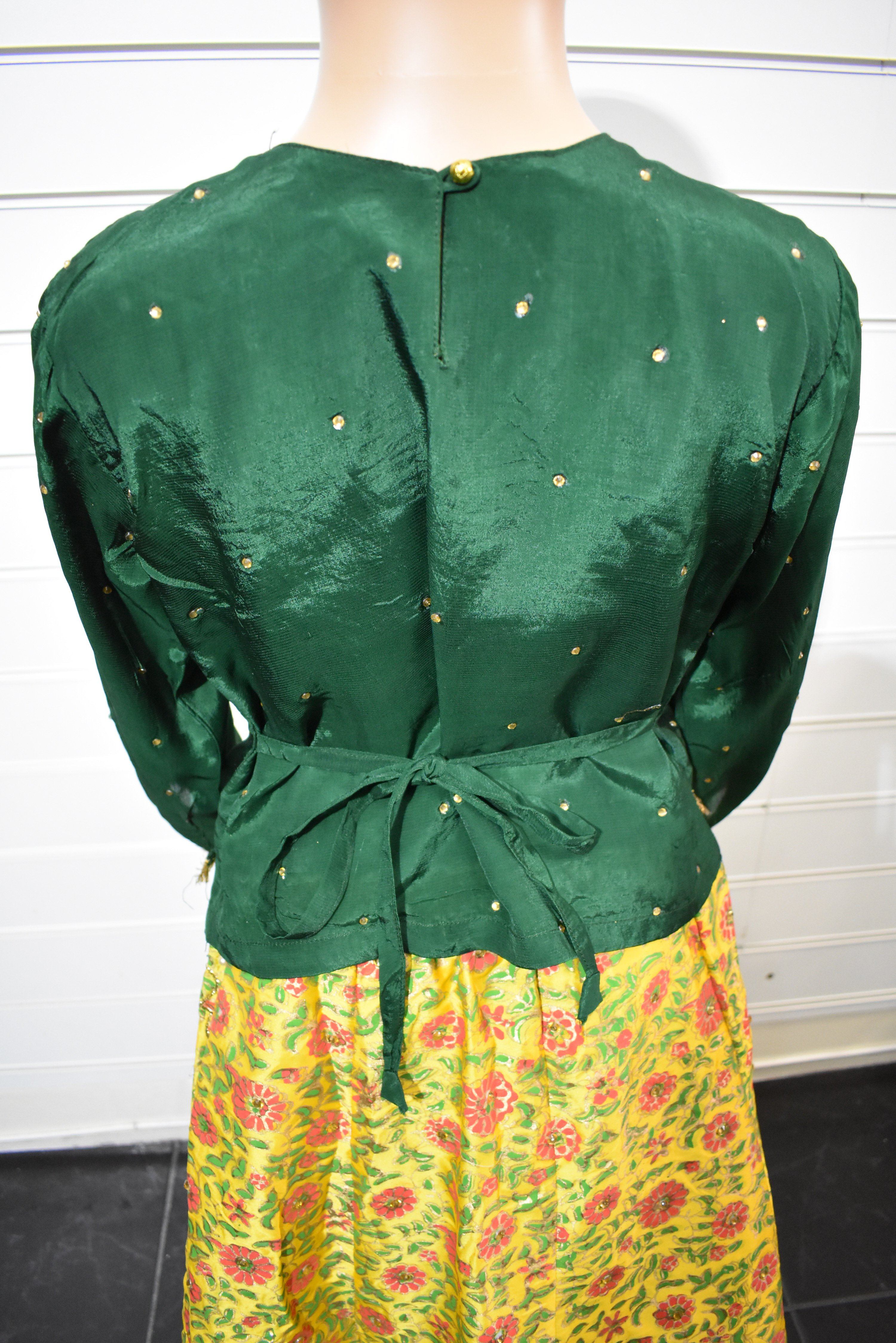 Stunning Raw Silk Kids Mirror and Pearl Work Embroidered Lengha Mehndi Outfit Green/Yellow - Desi Posh