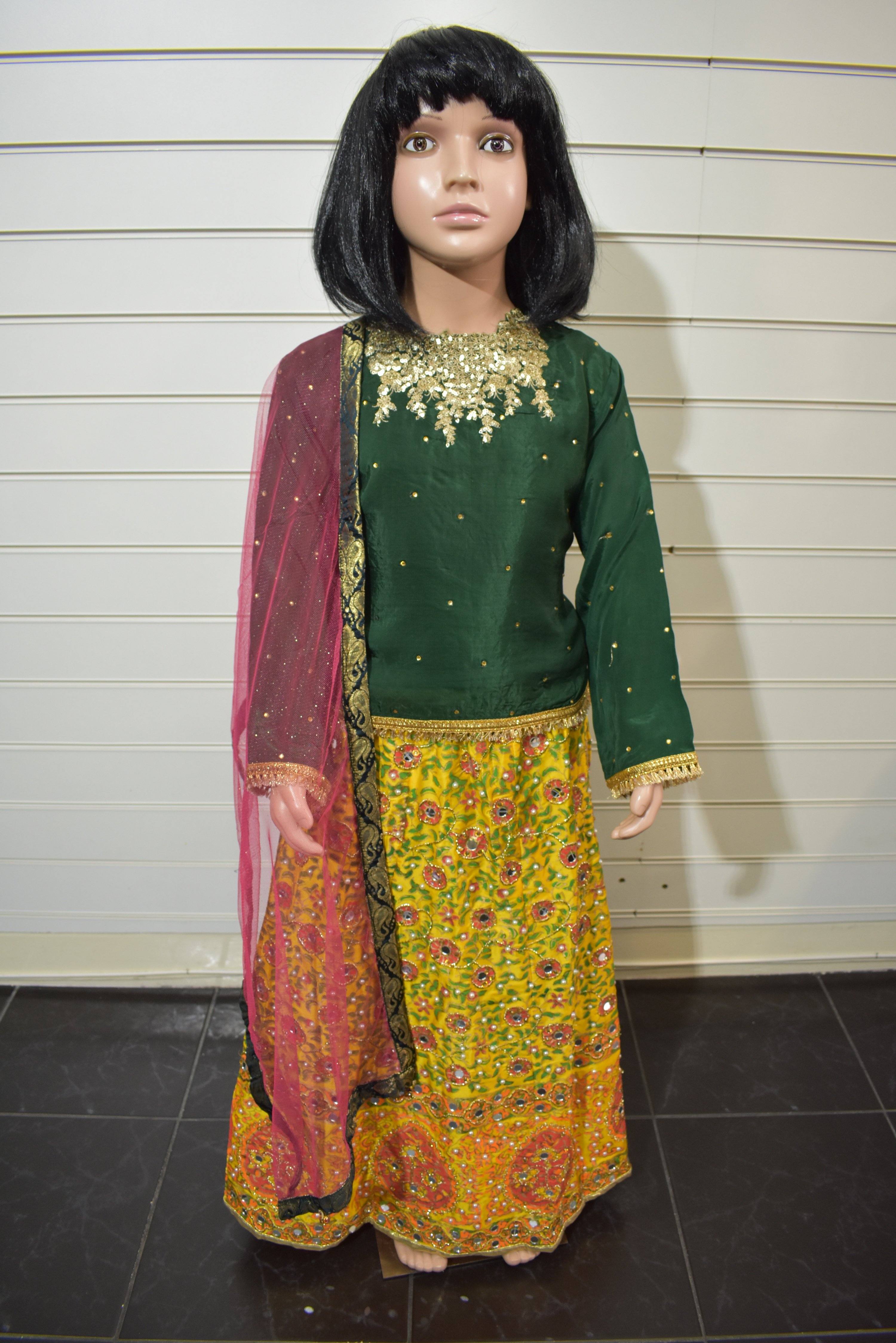Stunning Raw Silk Kids Mirror and Pearl Work Embroidered Lengha Mehndi Outfit Green/Yellow - Desi Posh