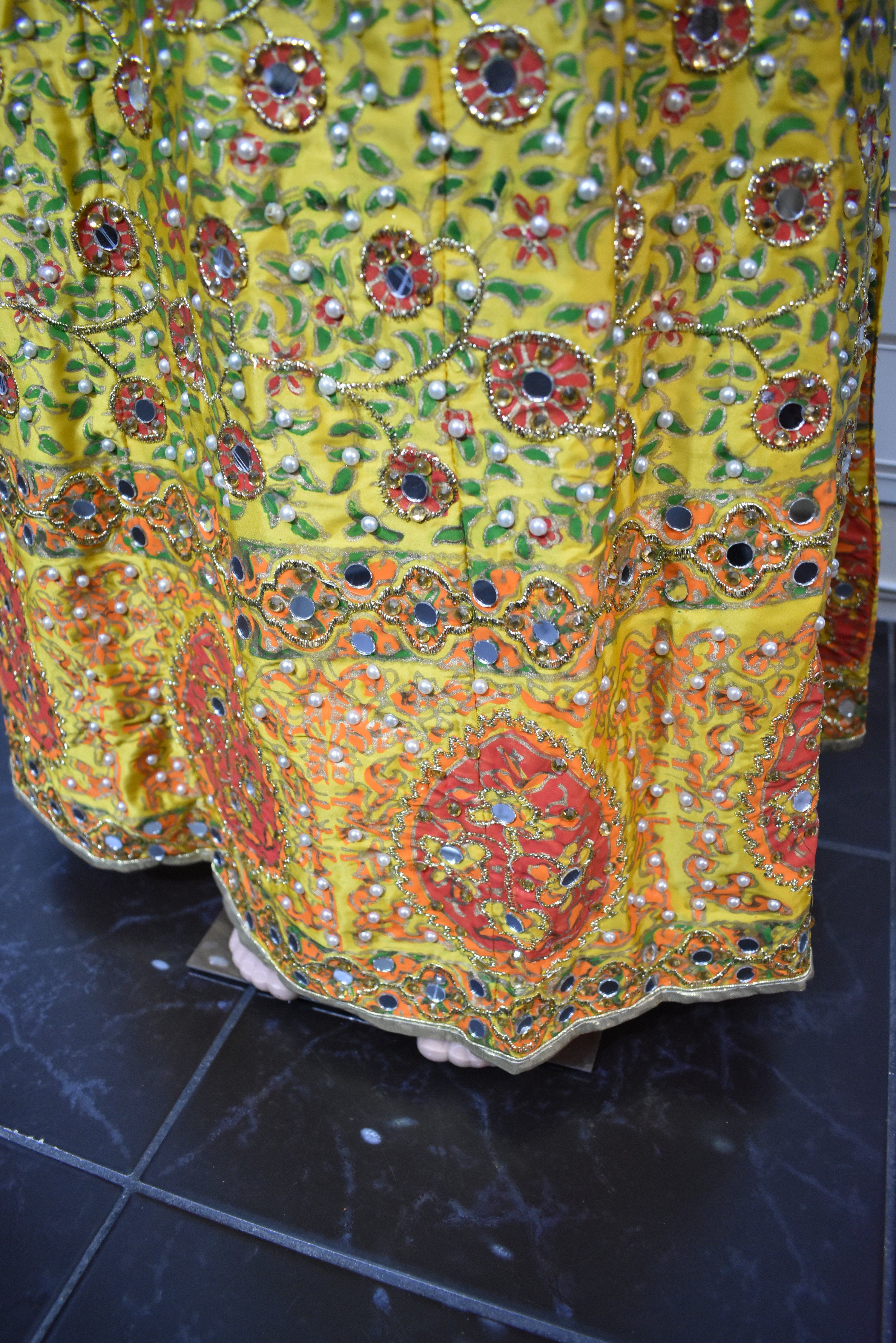 Stunning Raw Silk Kids Mirror and Pearl Work Embroidered Lengha Mehndi Outfit Green/Yellow - Desi Posh