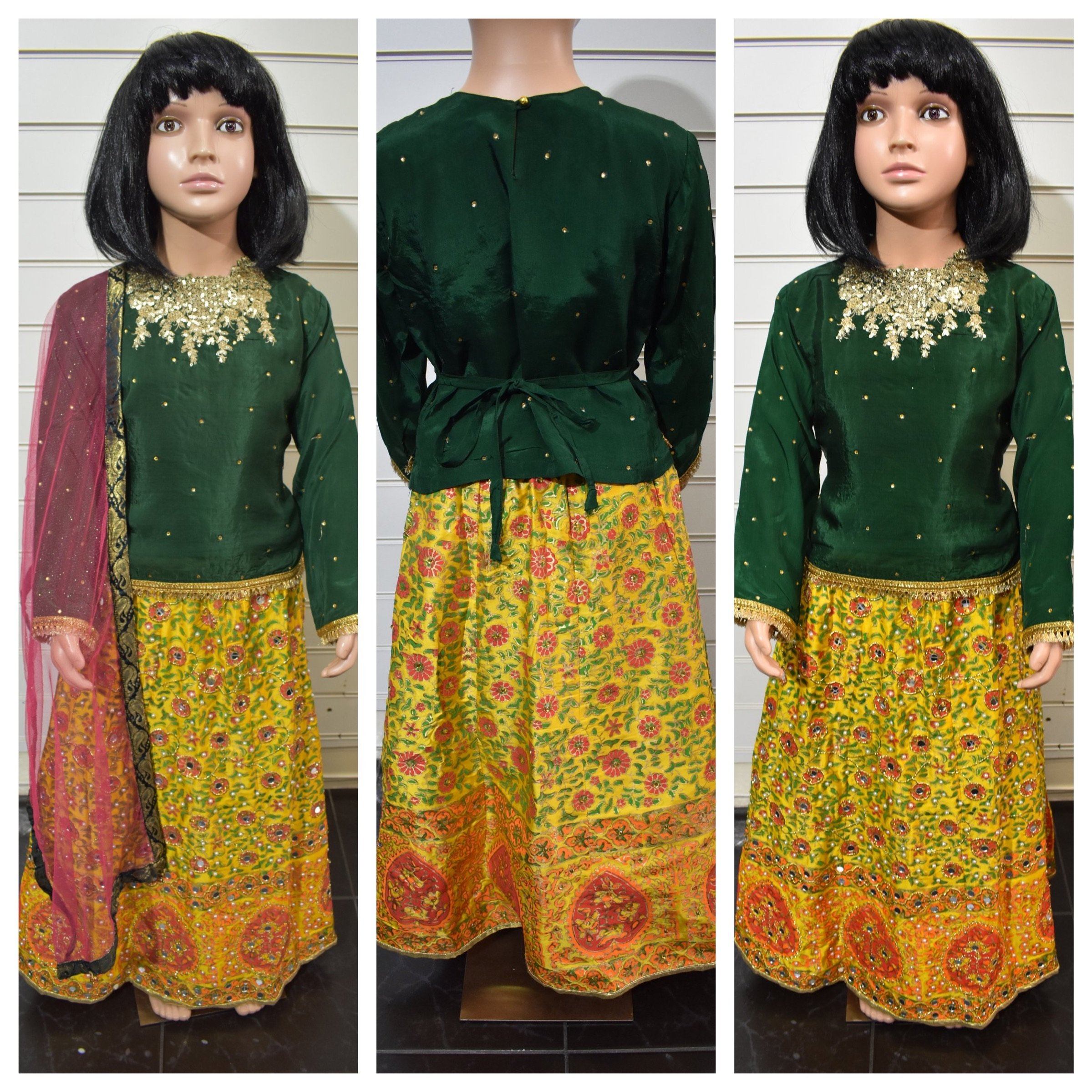 Stunning Raw Silk Kids Mirror and Pearl Work Embroidered Lengha Mehndi Outfit Green/Yellow - Desi Posh