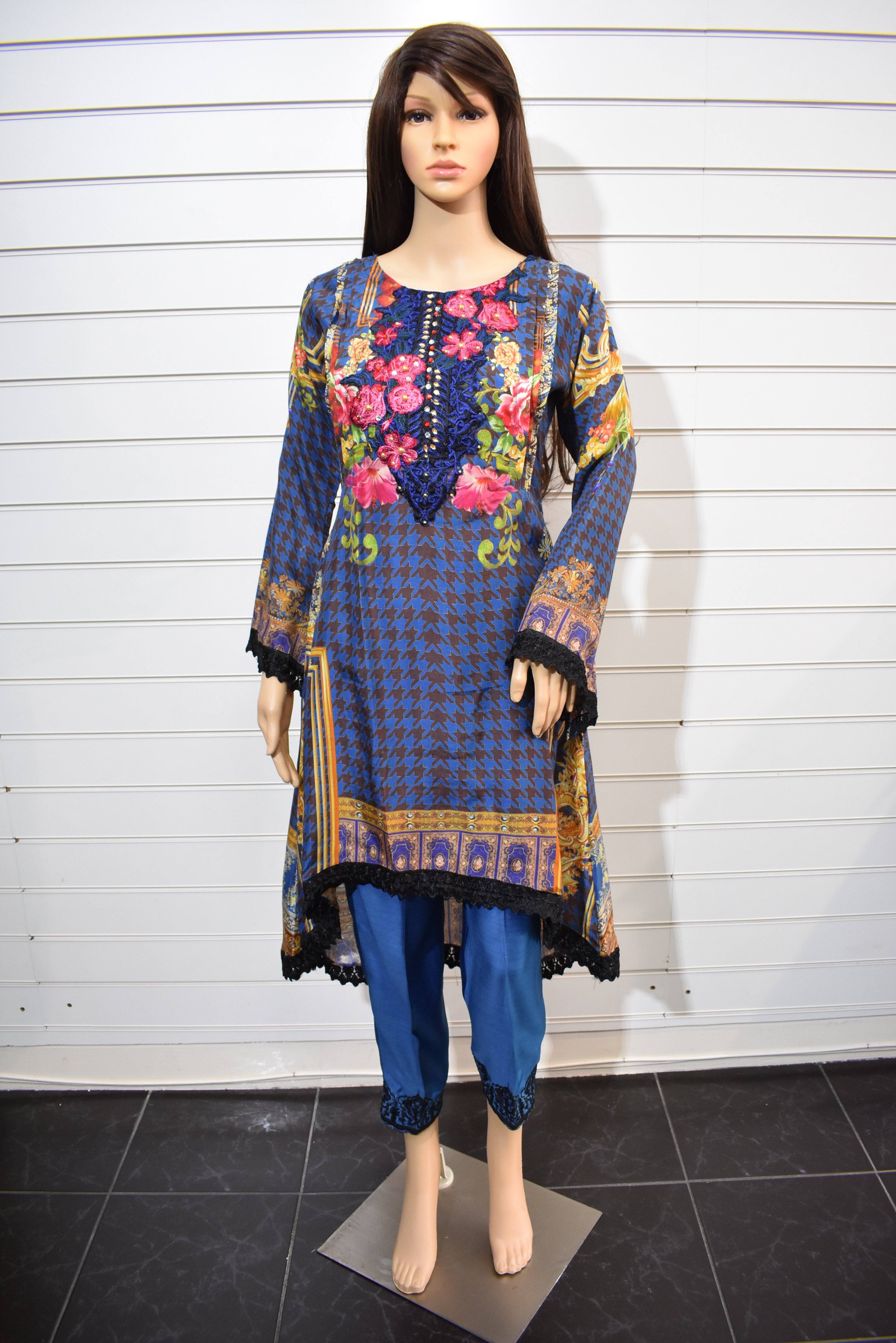 Stunning Silk Digital Print Dipped Hem Outfit with Fully Embroidered Trousers Blue - Desi Posh