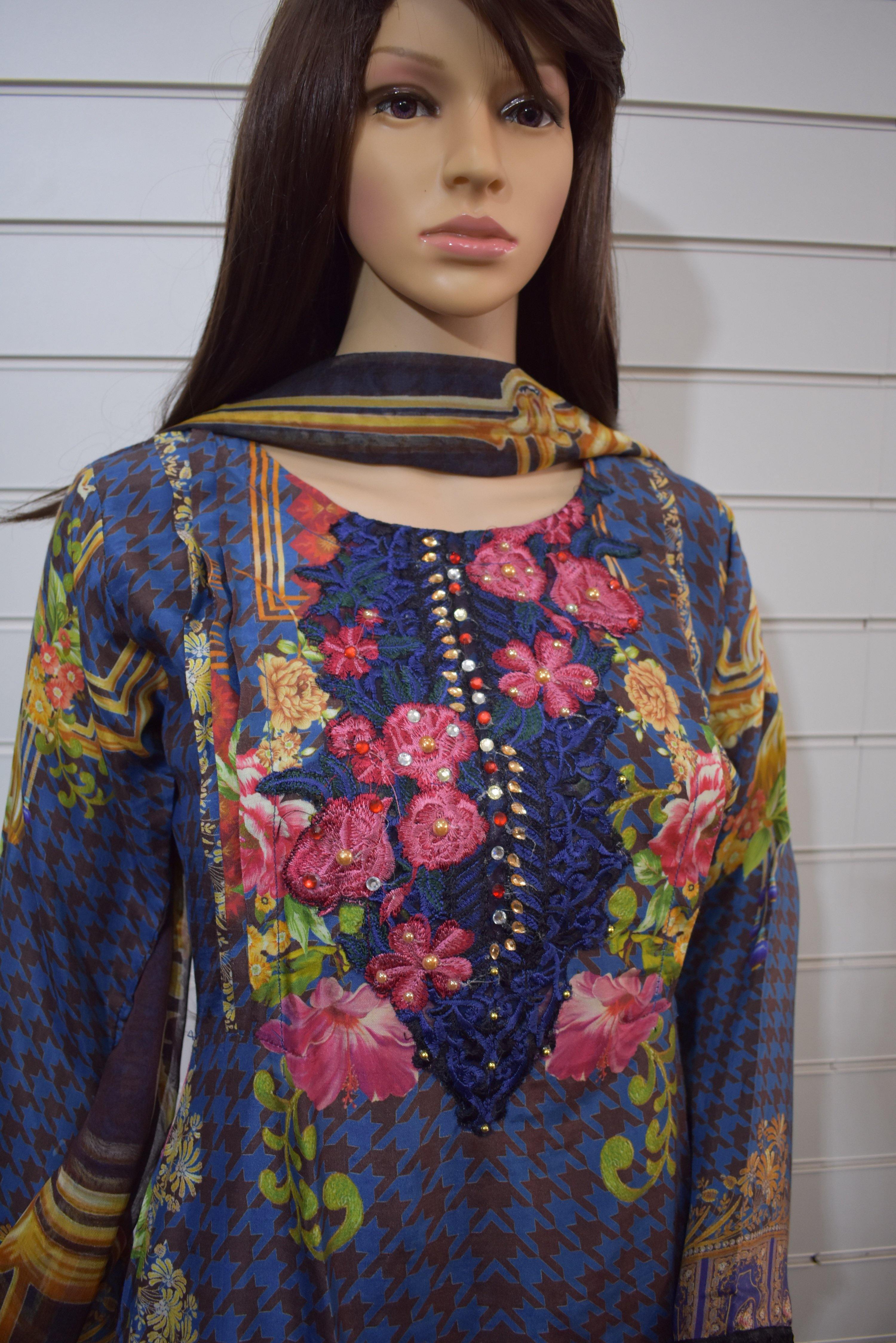 Stunning Silk Digital Print Dipped Hem Outfit with Fully Embroidered Trousers Blue - Desi Posh