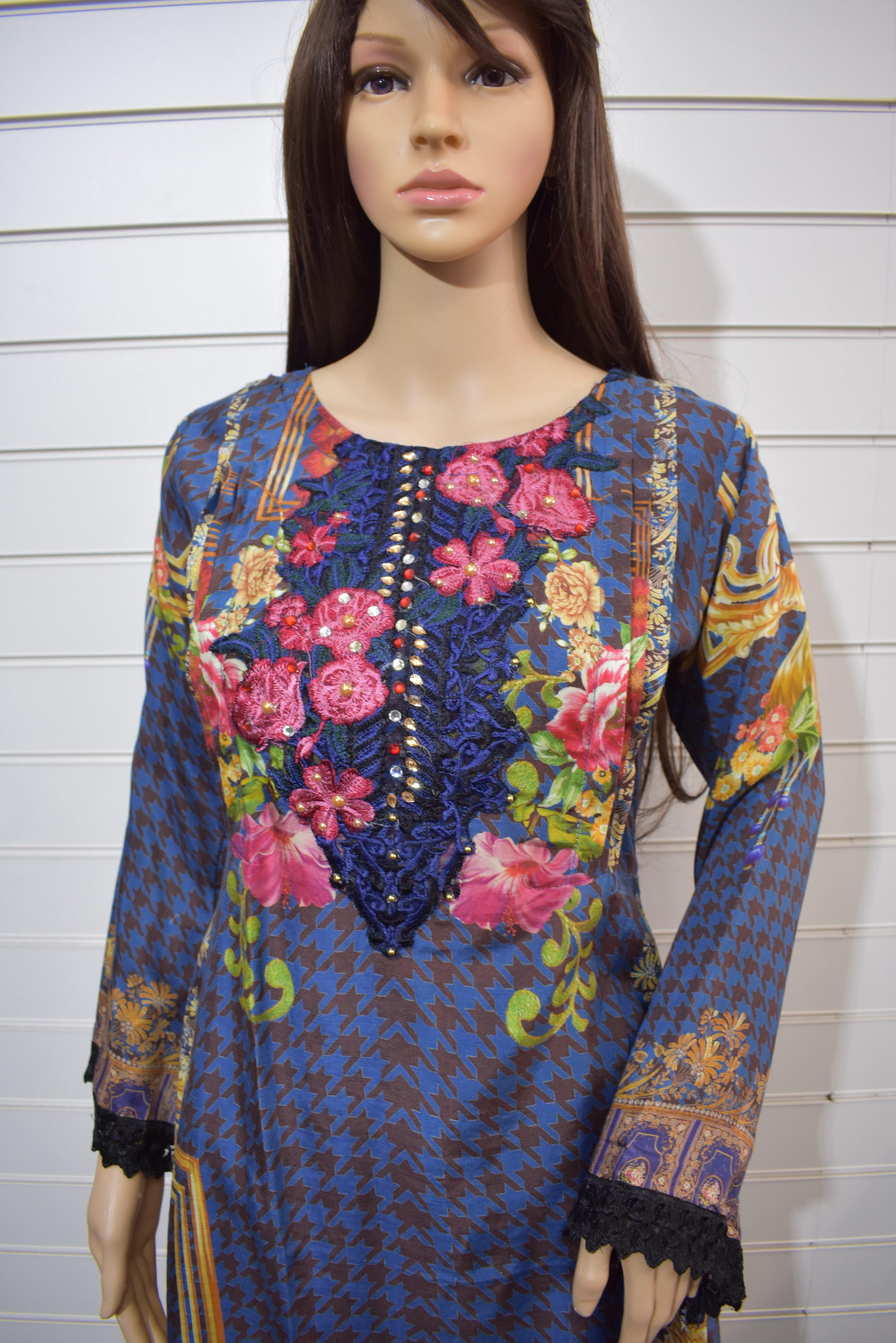 Stunning Silk Digital Print Dipped Hem Outfit with Fully Embroidered Trousers Blue - Desi Posh
