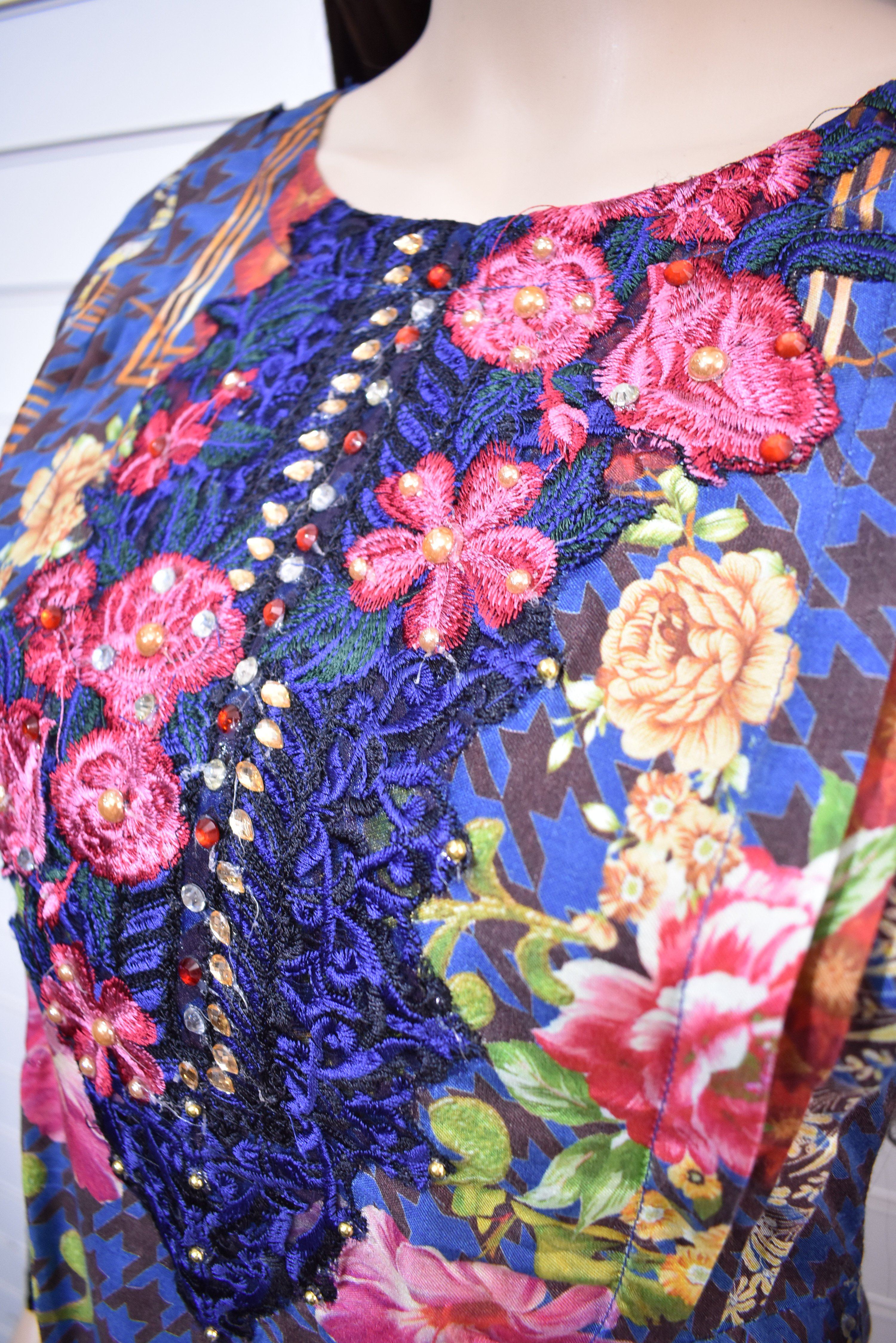 Stunning Silk Digital Print Dipped Hem Outfit with Fully Embroidered Trousers Blue - Desi Posh