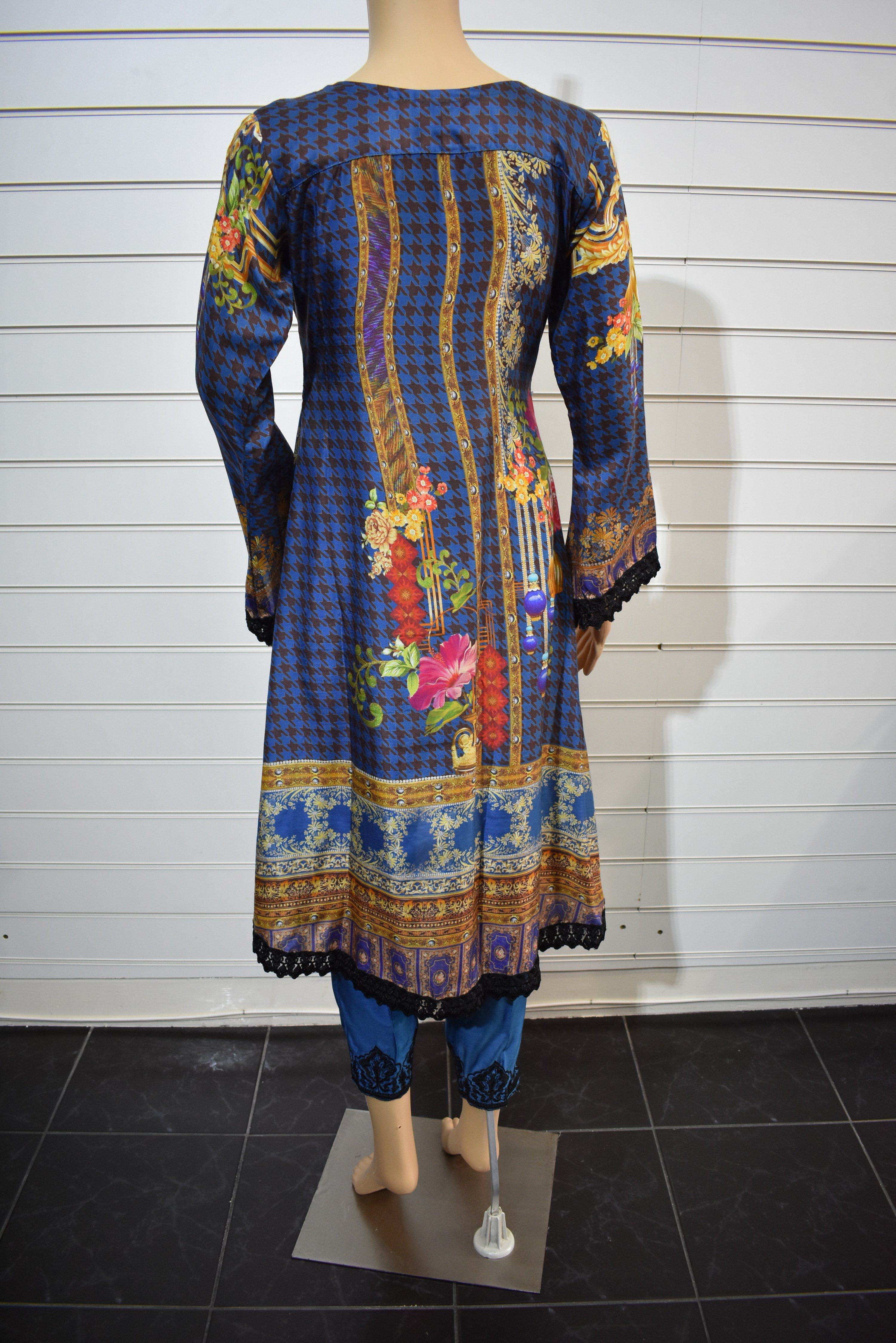 Stunning Silk Digital Print Dipped Hem Outfit with Fully Embroidered Trousers Blue - Desi Posh