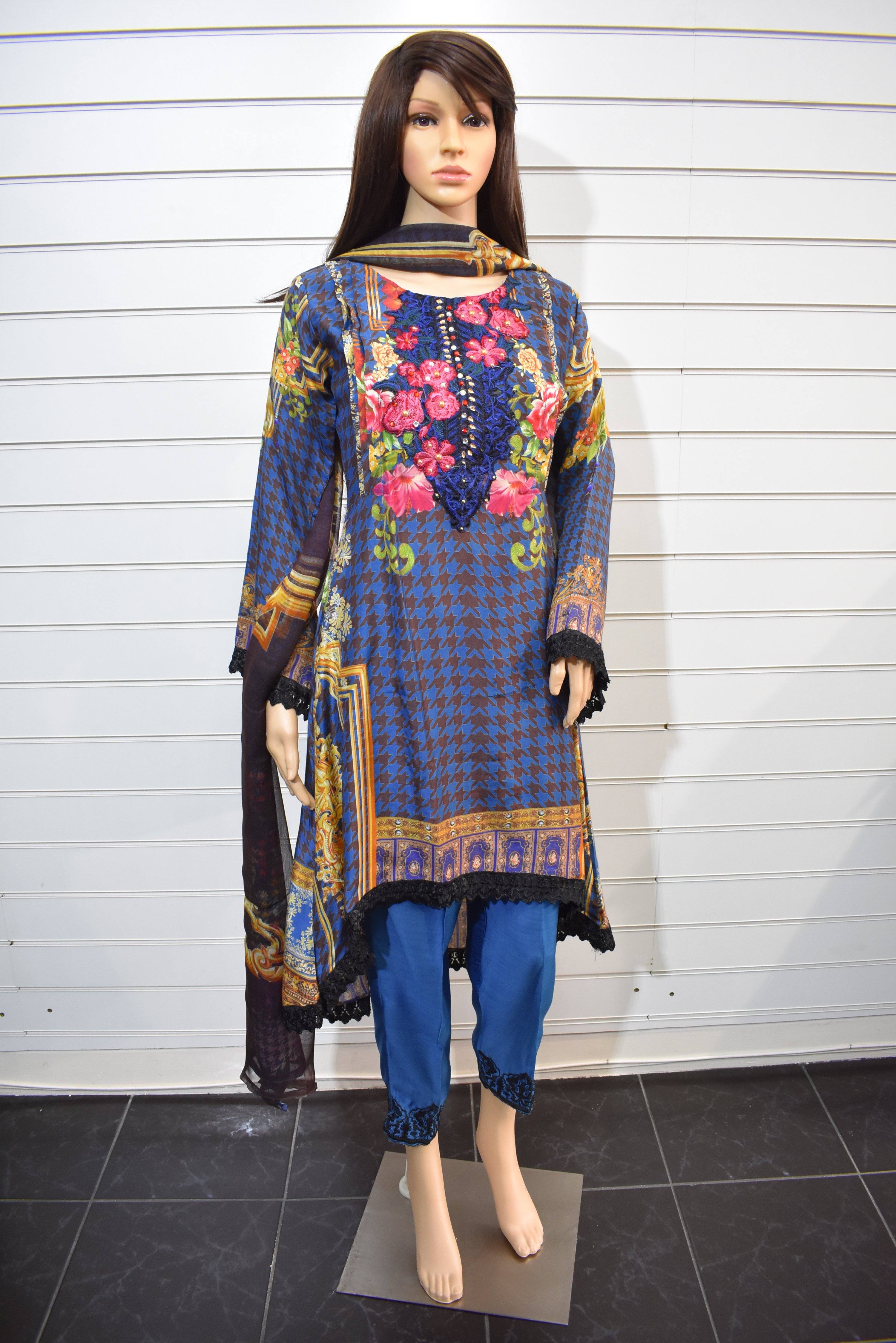 Stunning Silk Digital Print Dipped Hem Outfit with Fully Embroidered Trousers Blue - Desi Posh