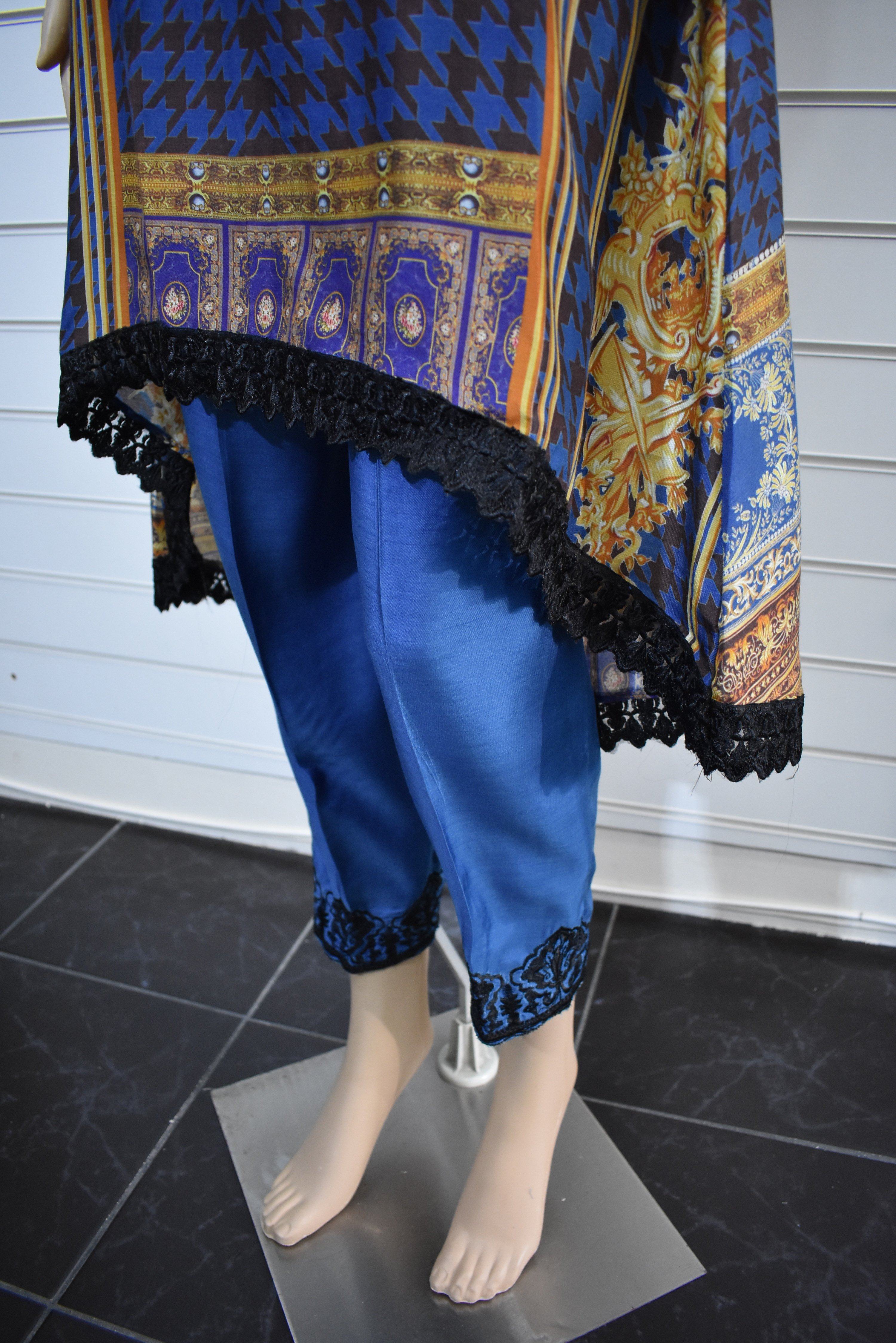 Stunning Silk Digital Print Dipped Hem Outfit with Fully Embroidered Trousers Blue - Desi Posh