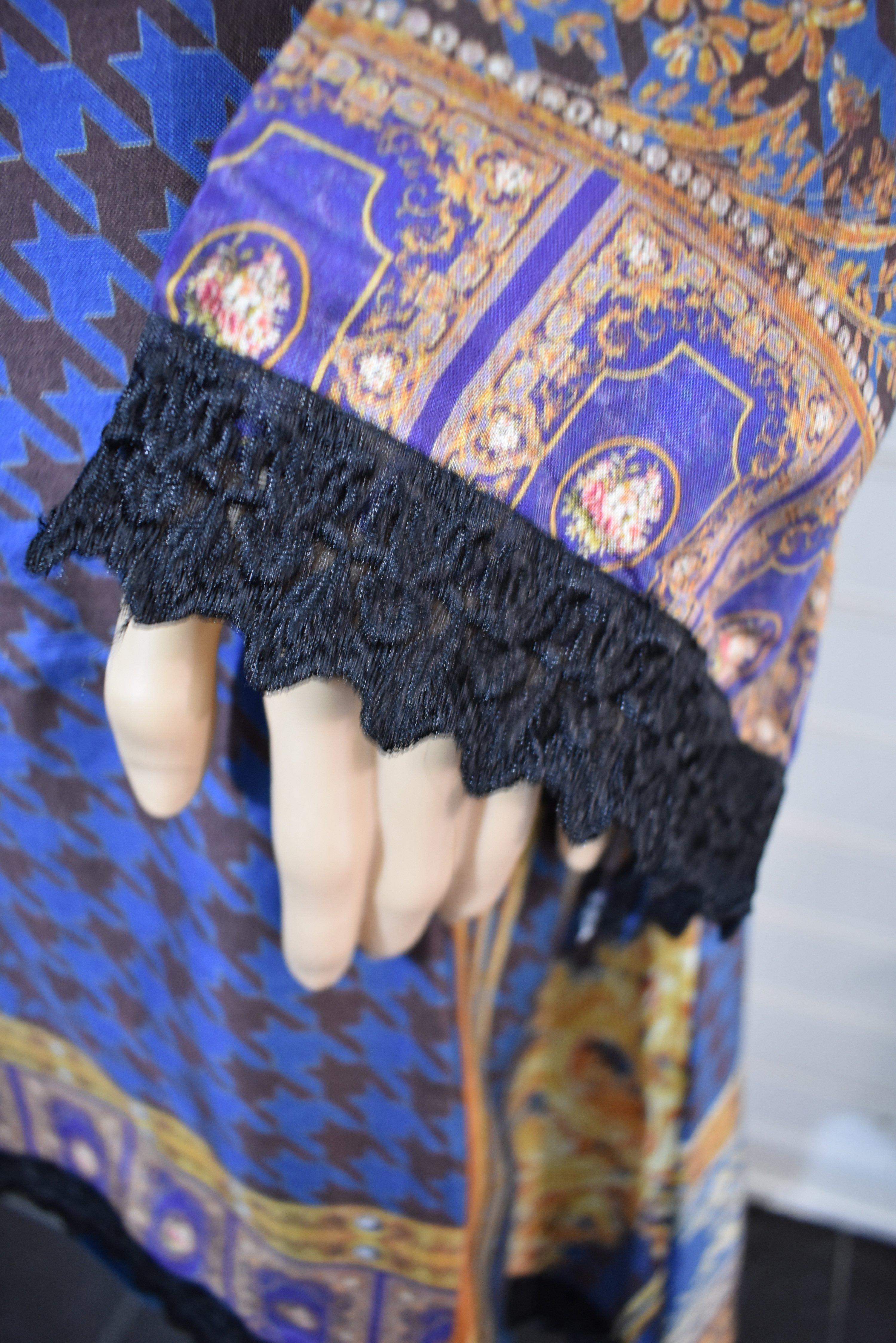 Stunning Silk Digital Print Dipped Hem Outfit with Fully Embroidered Trousers Blue - Desi Posh