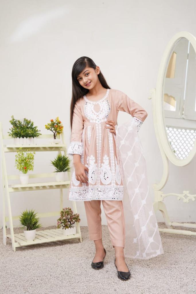 Tea Pink Kids Long Dress Mirror Outfit with Net Dupatta