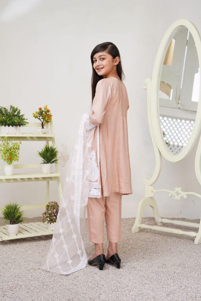 Tea Pink Kids Long Dress Mirror Outfit with Net Dupatta DesiPosh 