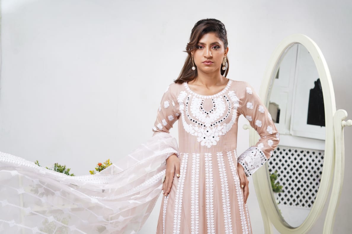 Tea Pink Ladies Long Dress Mirror Outfit with Net Dupatta DesiP 