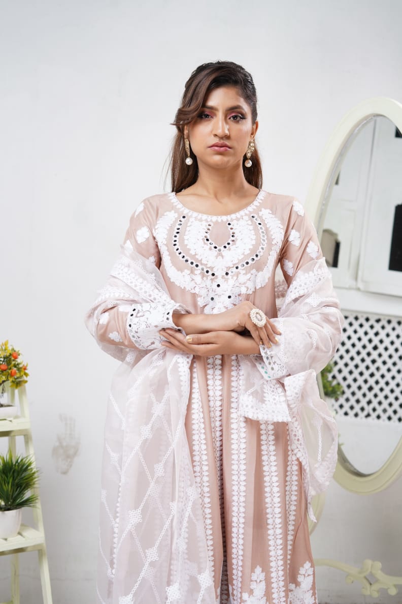 Tea Pink Ladies Long Dress Mirror Outfit with Net Dupatta DesiP 