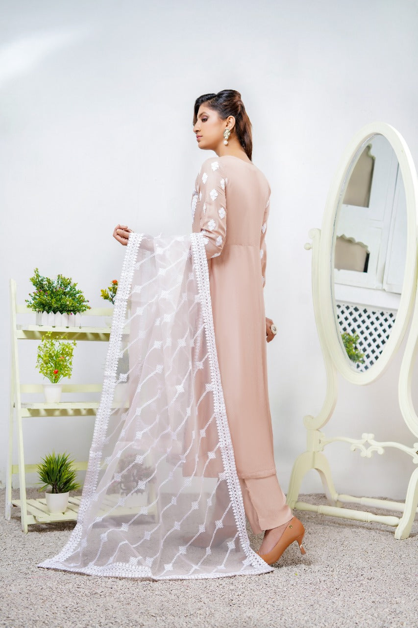 Tea Pink Ladies Long Dress Mirror Outfit with Net Dupatta DesiP 