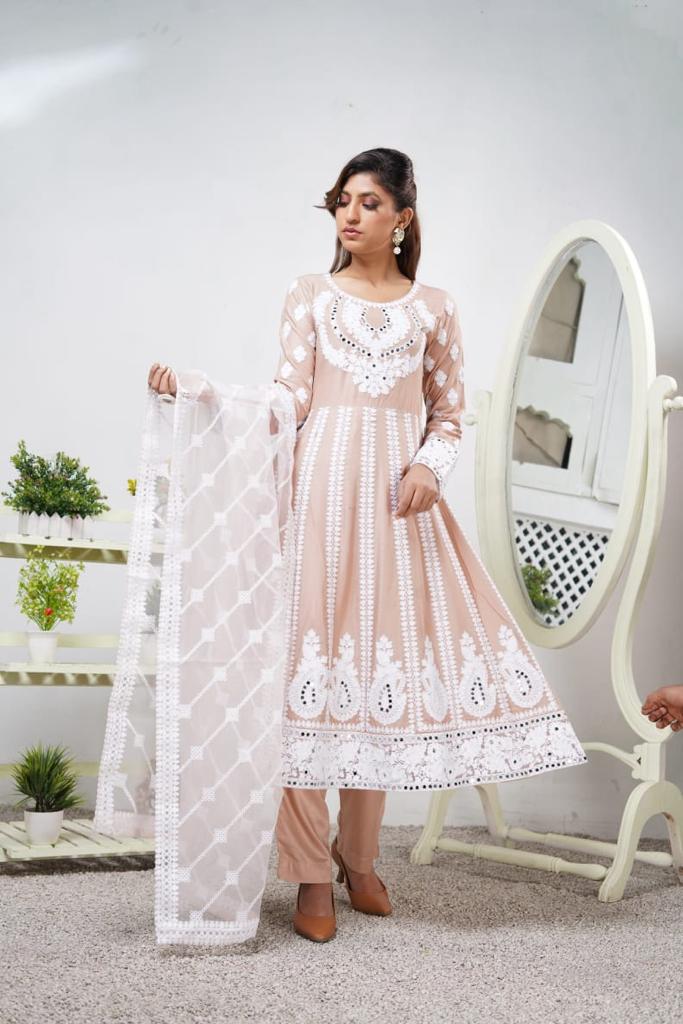 Tea Pink Ladies Long Dress Mirror Outfit with Net Dupatta