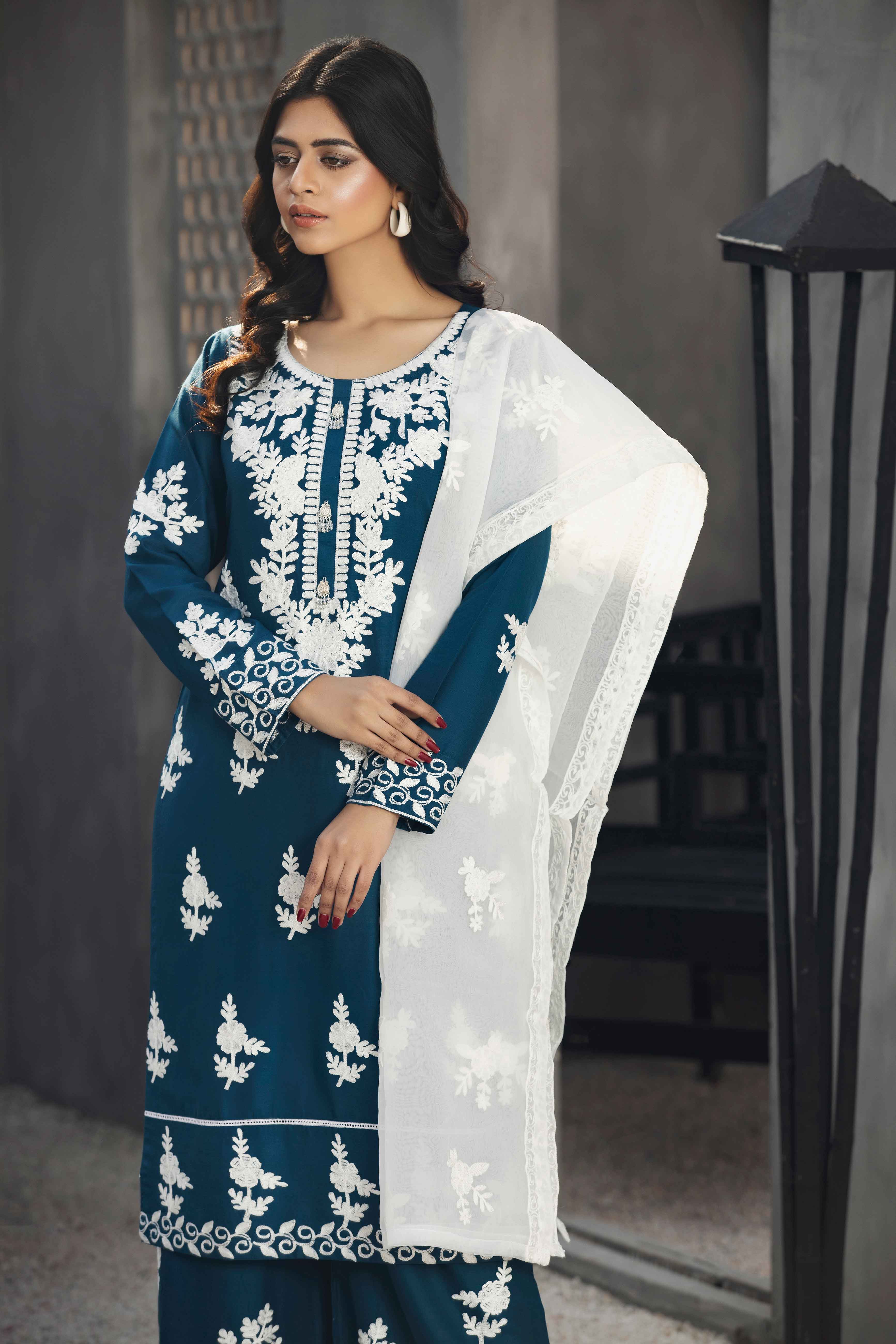 Teal Linen Embroidered Palazzo Suit With Organza Dupatta - Desi Posh