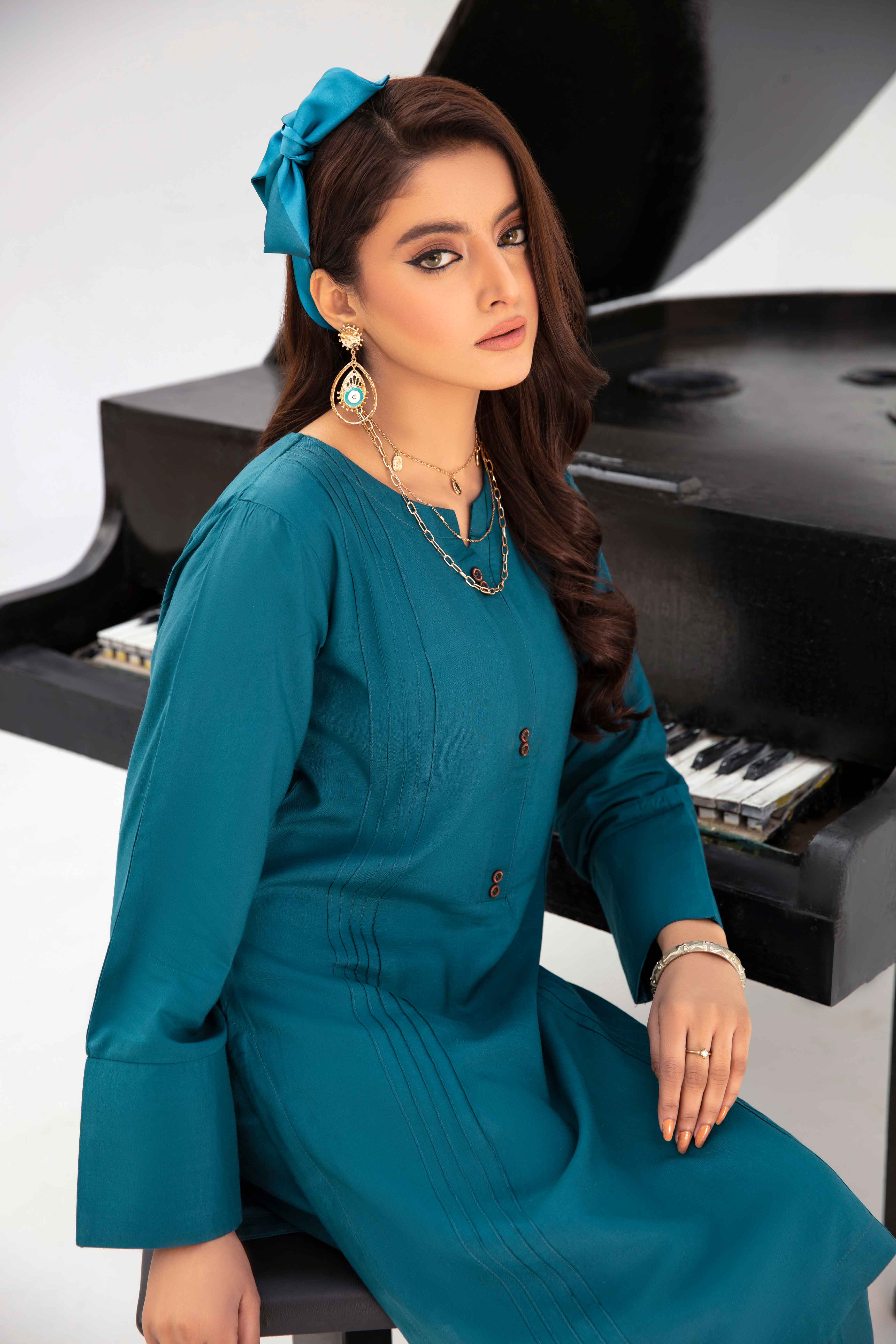 Spring Linen 3 Piece Co-ord Set in Teal With Neck tie Scarf - Desi Posh