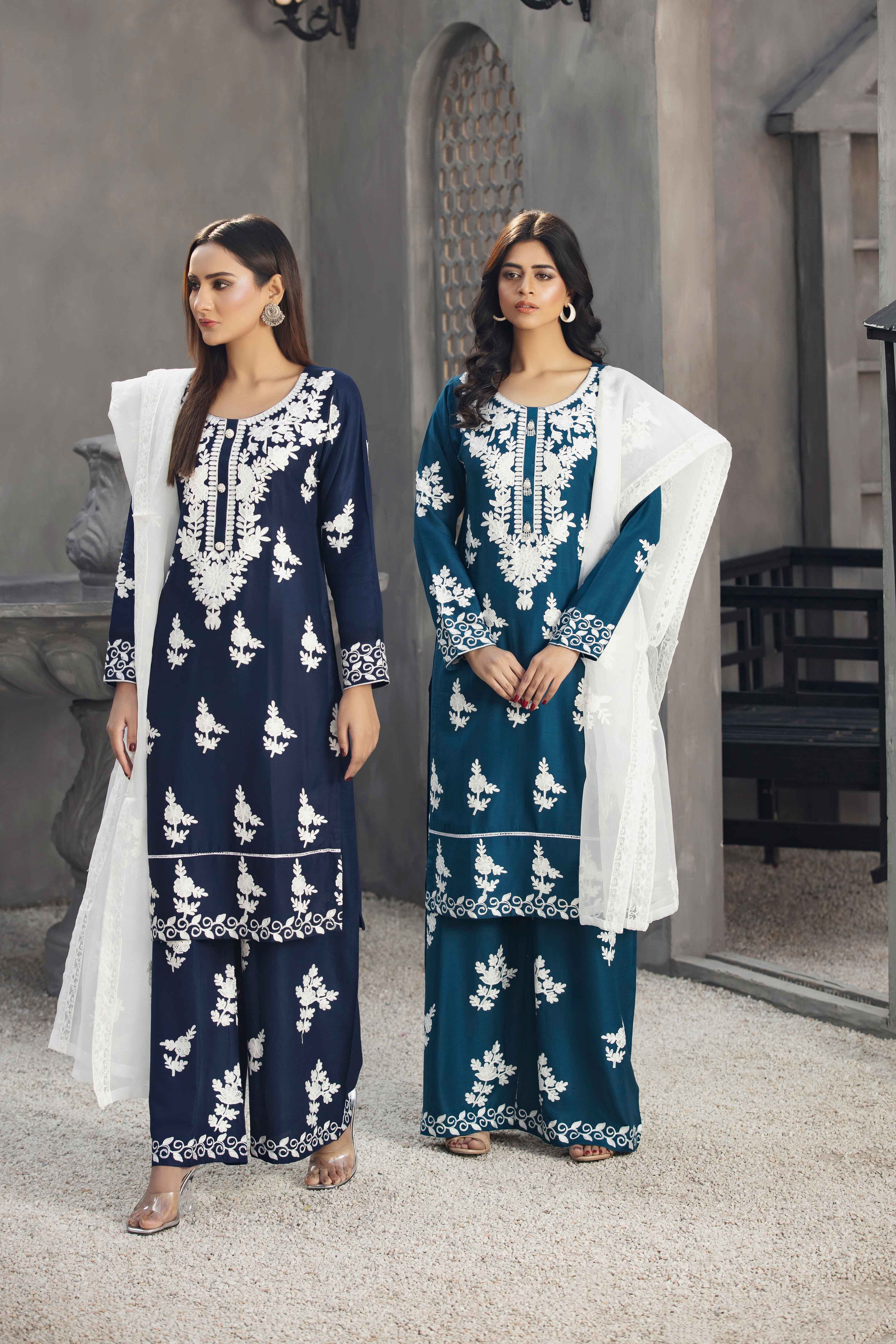 Teal Linen Embroidered Palazzo Suit With Organza Dupatta - Desi Posh