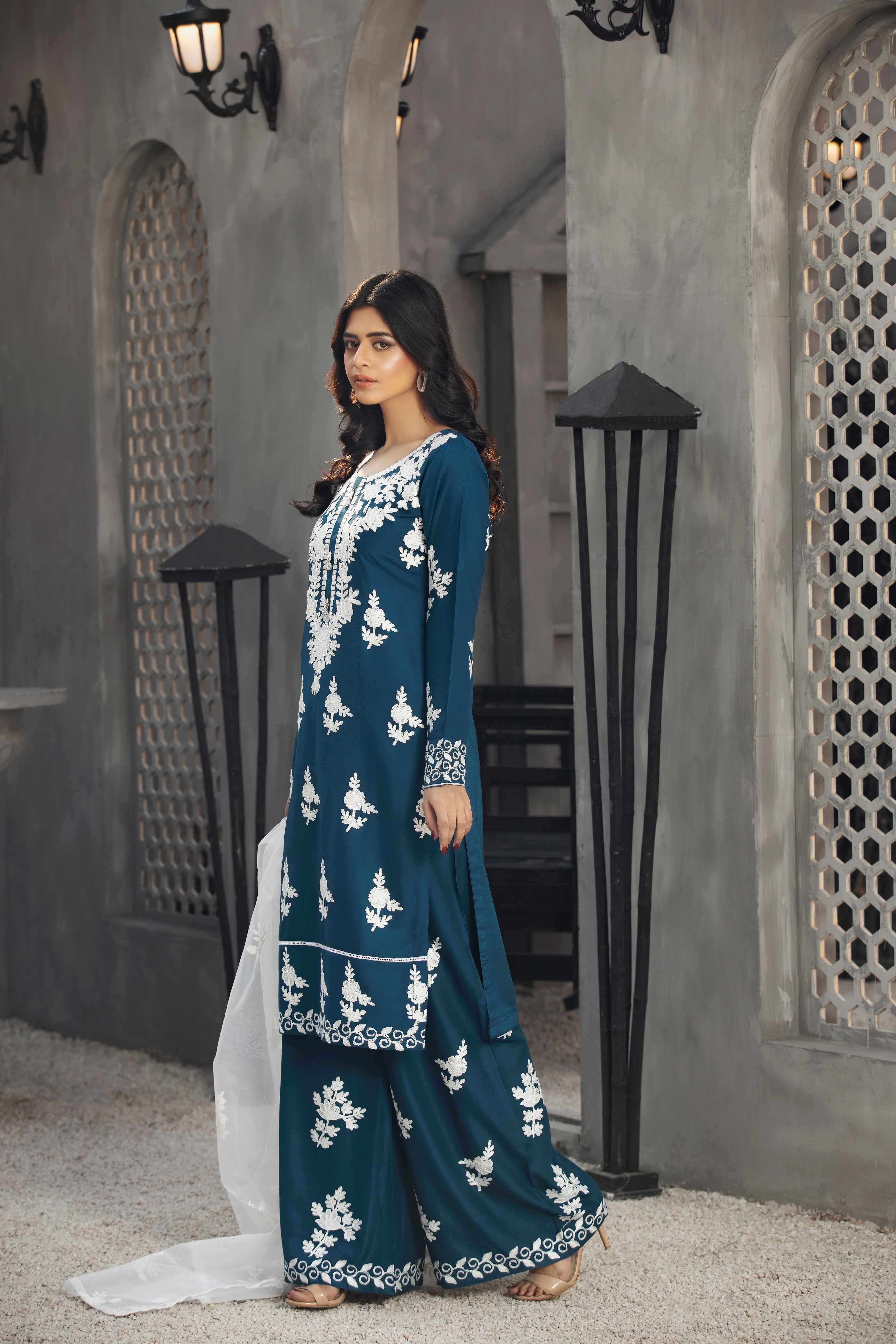 Teal Linen Embroidered Palazzo Suit With Organza Dupatta - Desi Posh