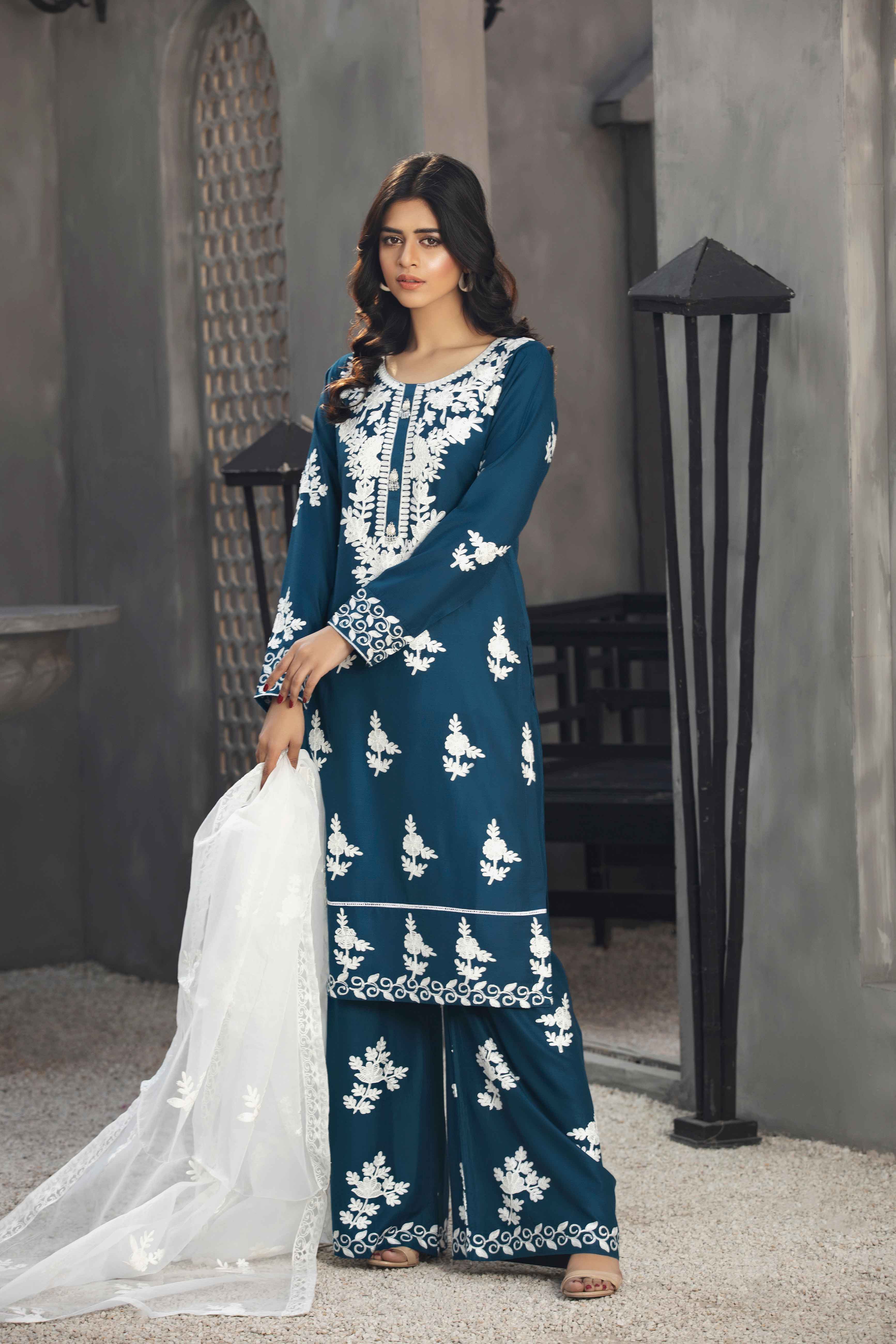 Teal Linen Embroidered Palazzo Suit With Organza Dupatta - Desi Posh