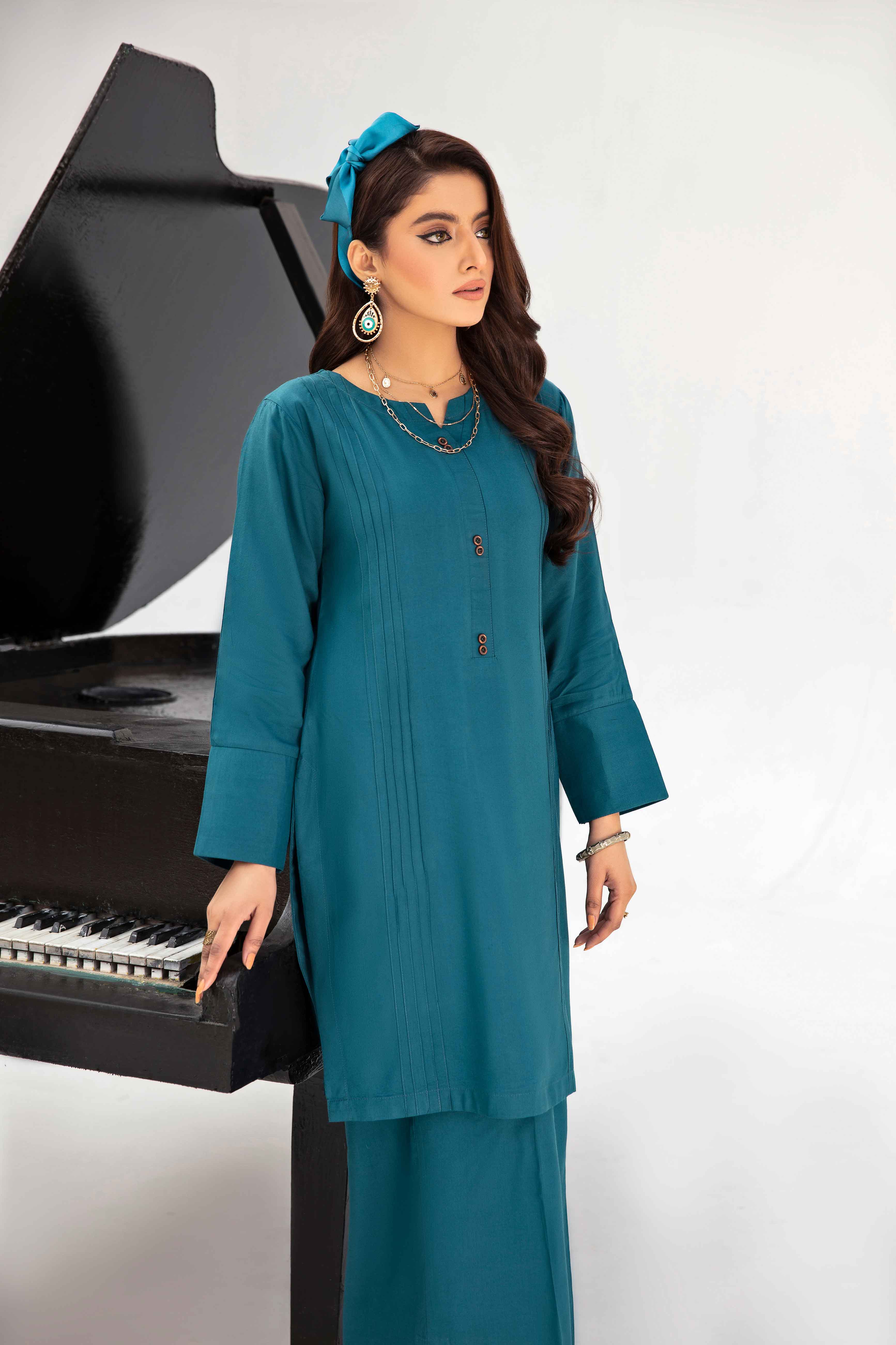 Spring Linen 3 Piece Co-ord Set in Teal With Neck tie Scarf - Desi Posh