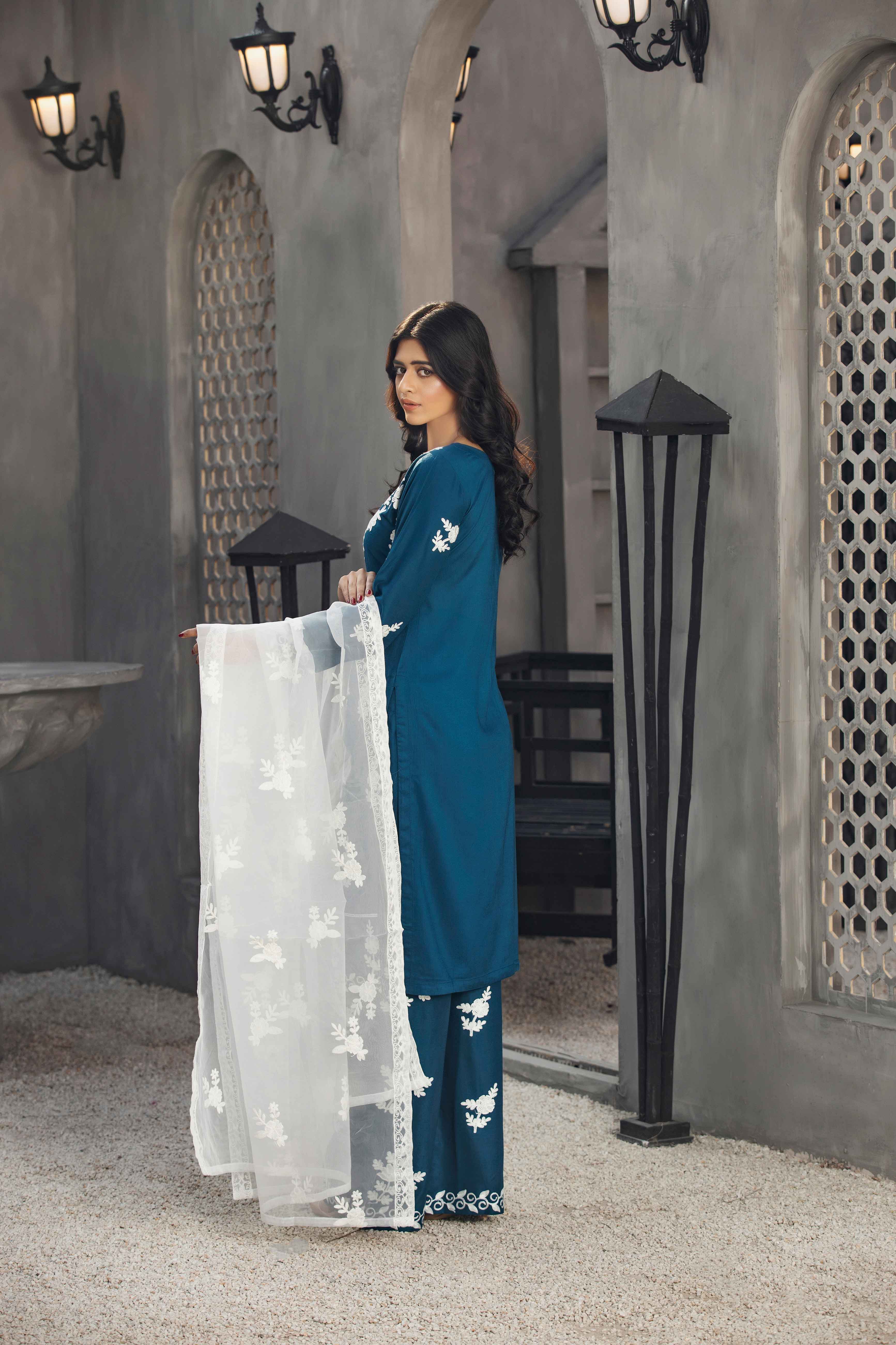 Teal Linen Embroidered Palazzo Suit With Organza Dupatta - Desi Posh