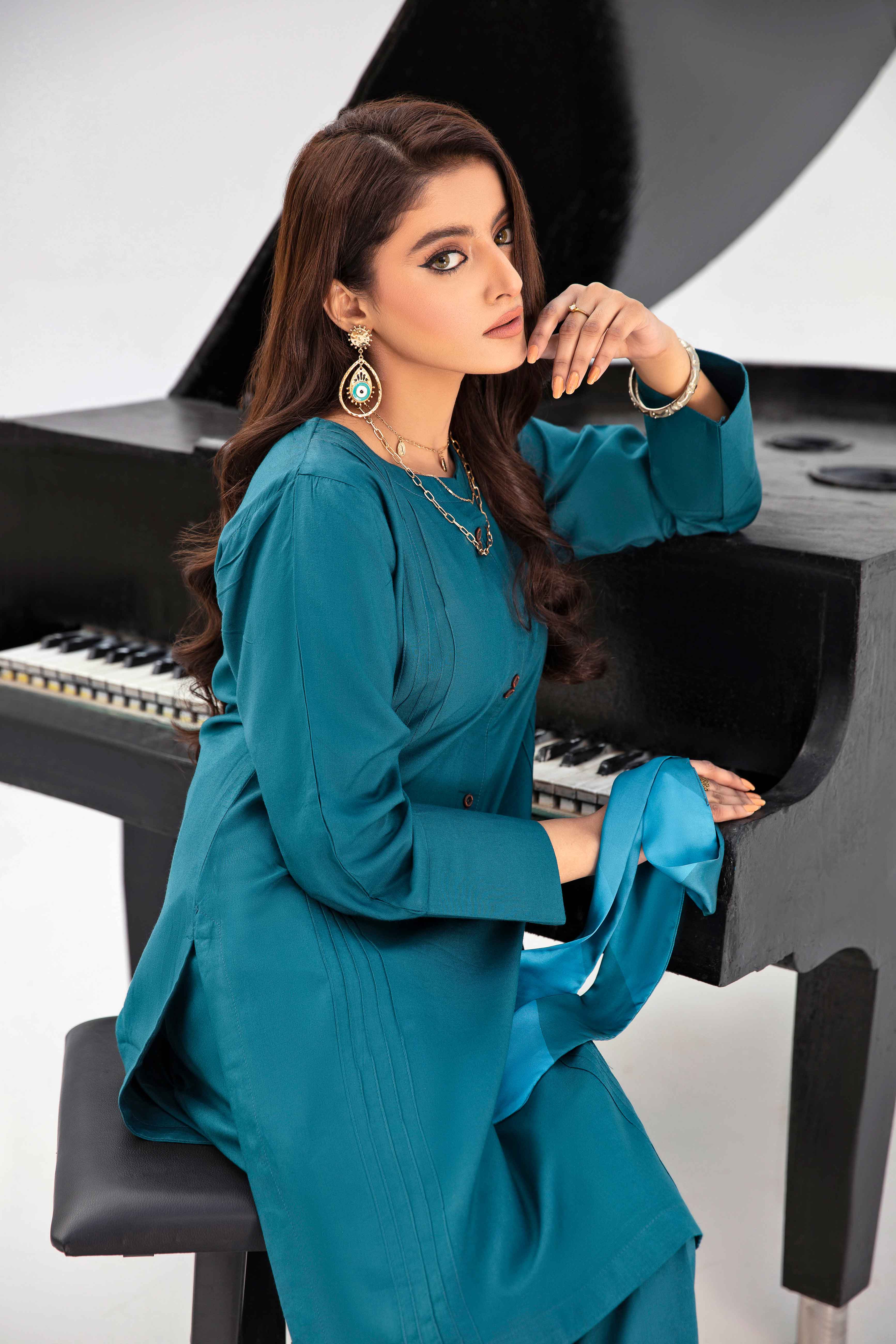 Spring Linen 3 Piece Co-ord Set in Teal With Neck tie Scarf - Desi Posh