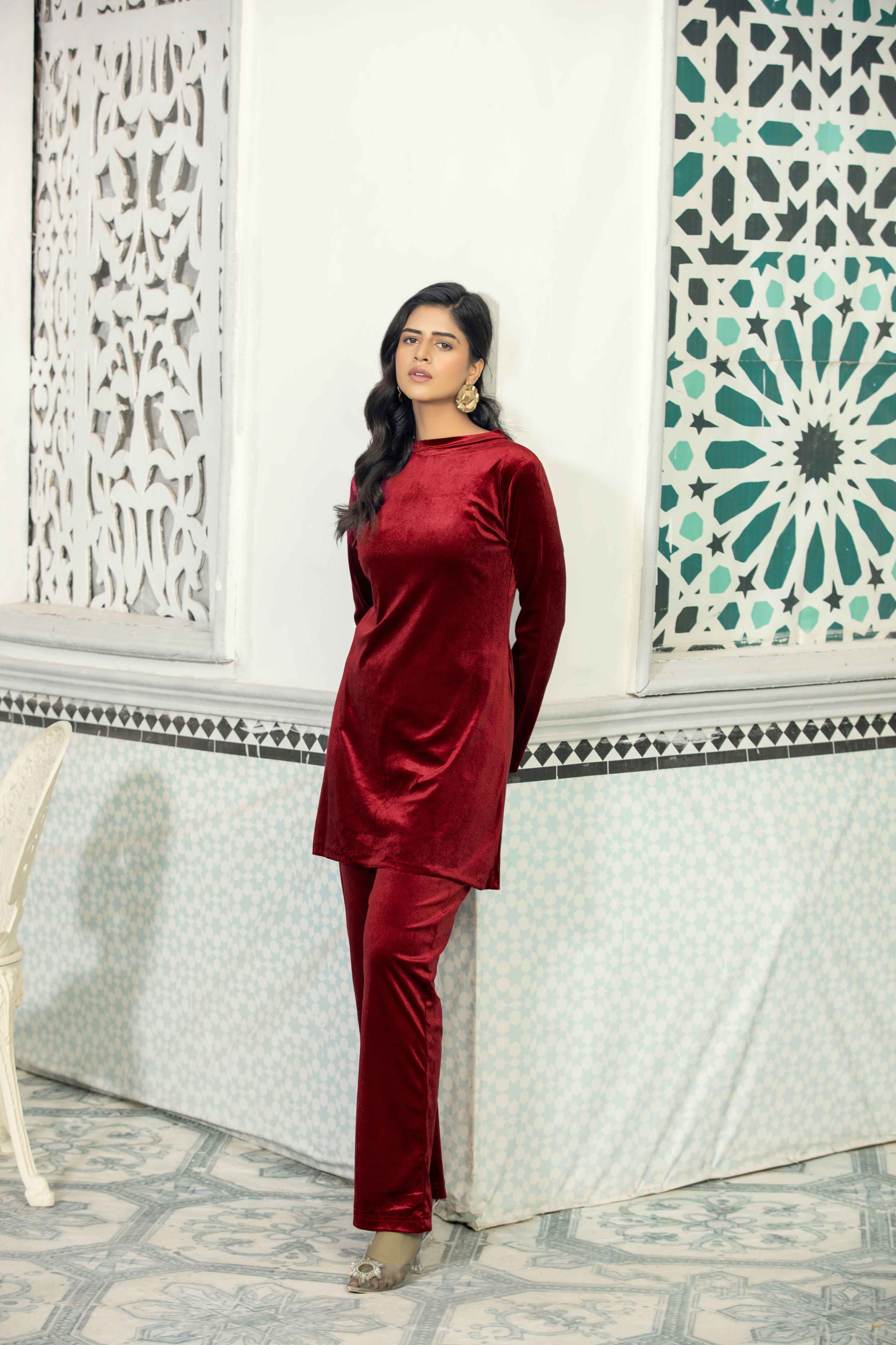 Velvet 2 Piece Co-ords Berry Outfit Set - Desi Posh