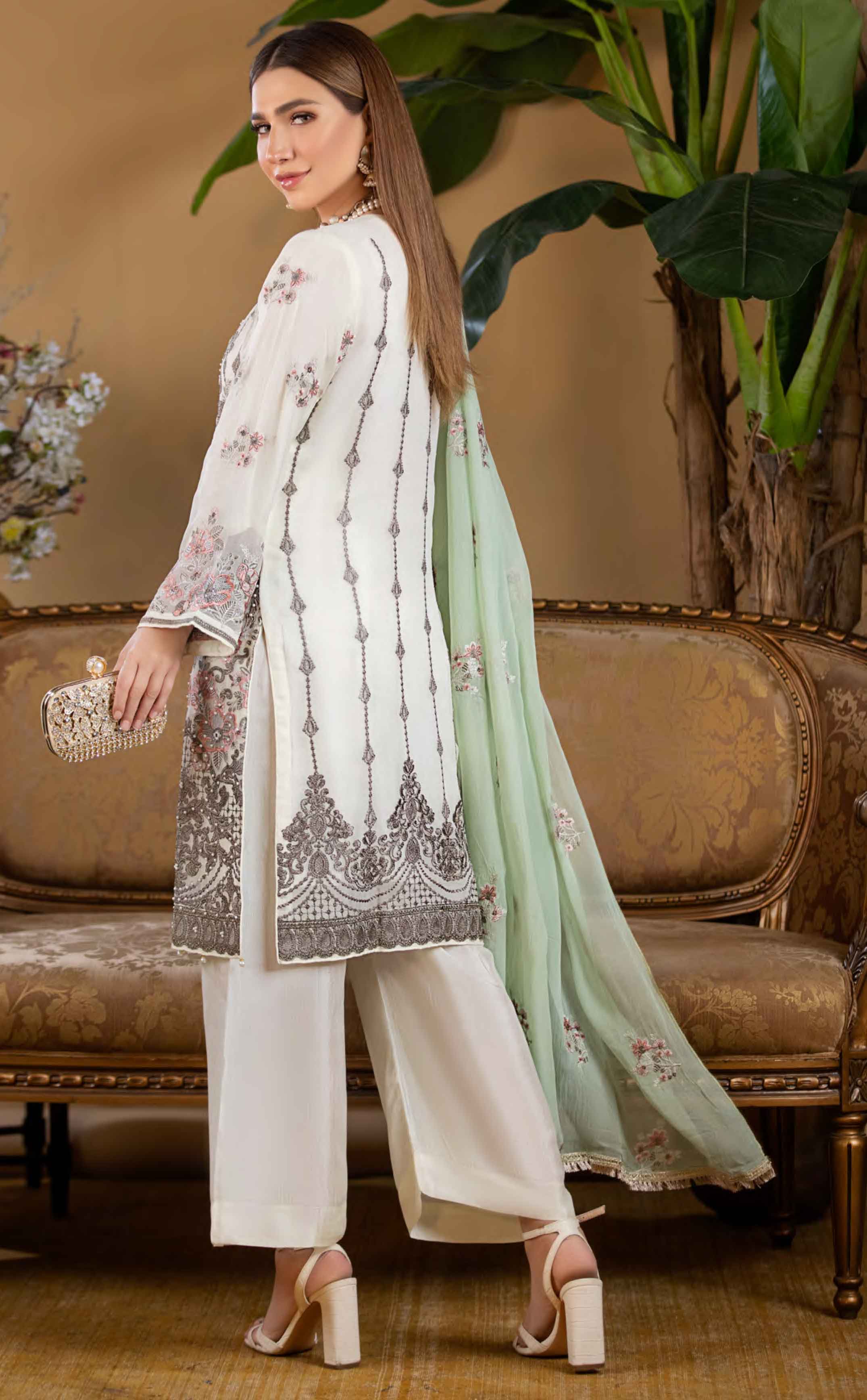 Zara Chiffon Cream 3 Piece Kameez Outfit MSL3 DesiP 